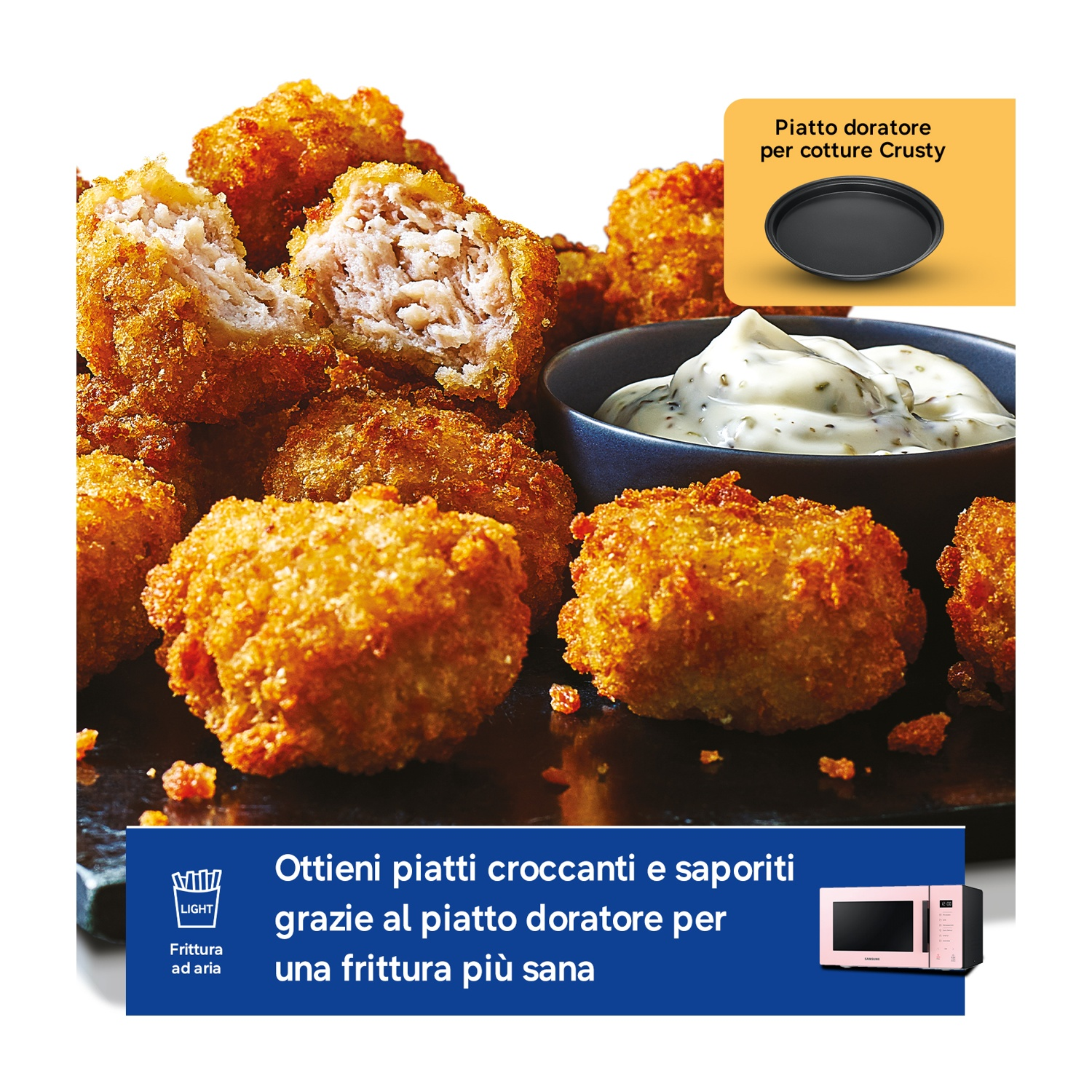 Nuggets croccanti fritti con salsa, piatto doratore e microonde rosa.
