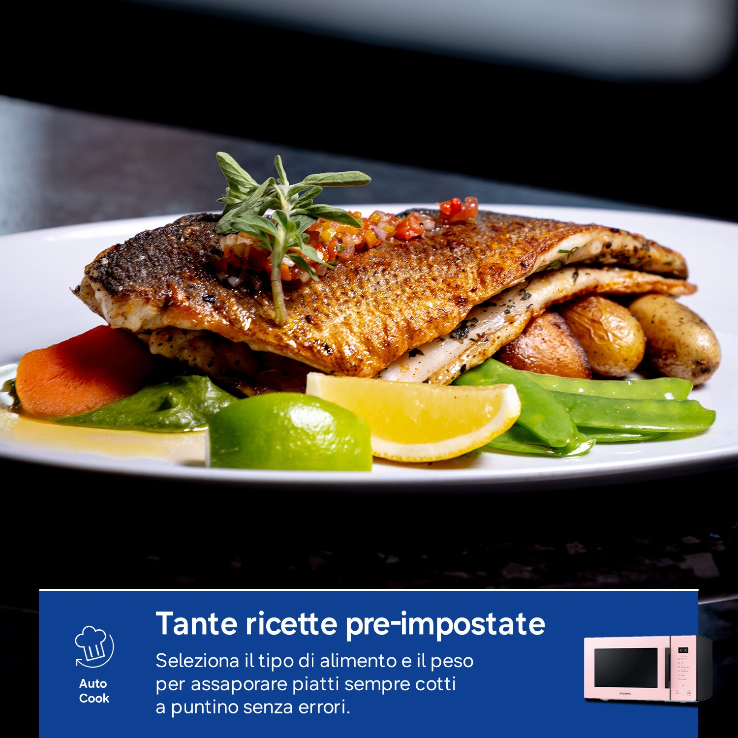 Filetto di pesce cotto con patate, carote, taccole e spicchio di limone.