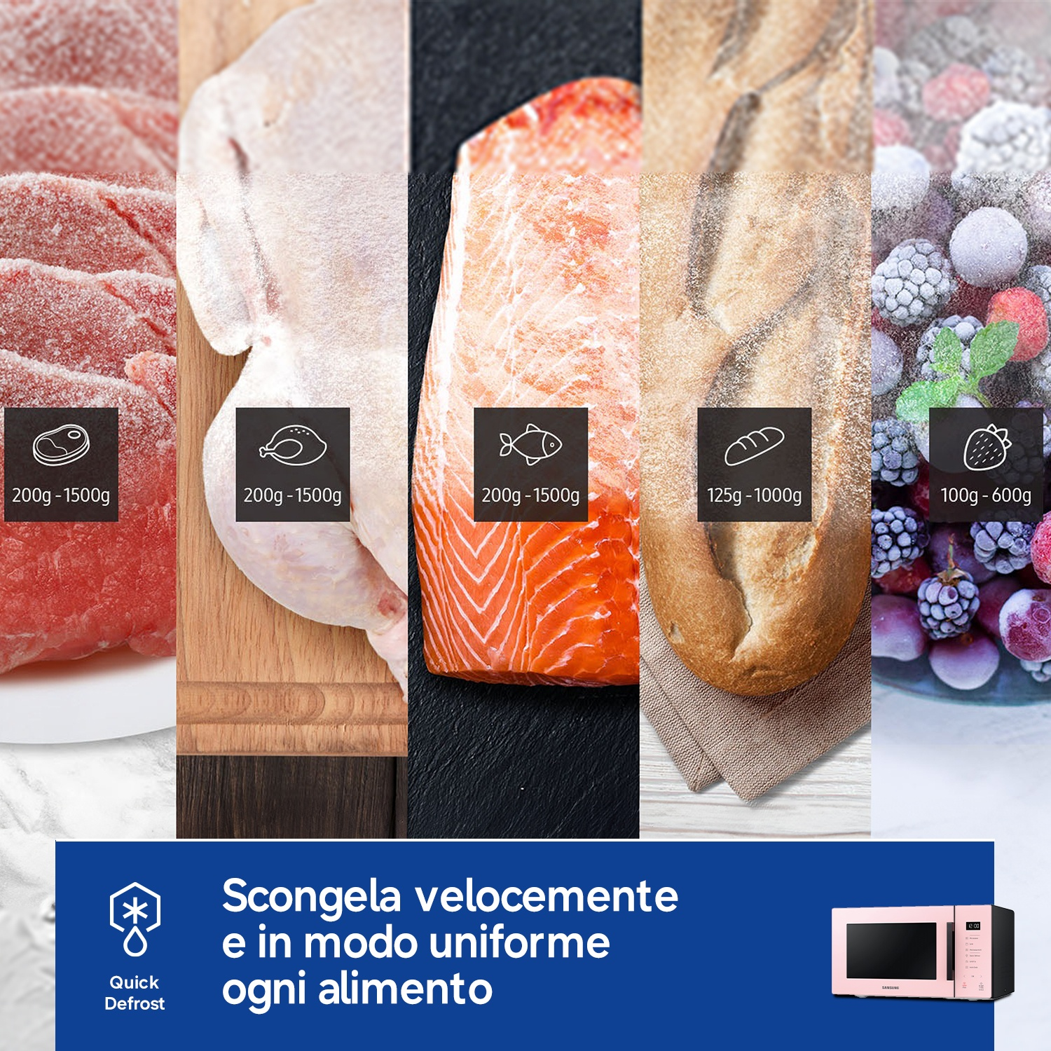 Carne, pollo, salmone, pane e frutti di bosco congelati. Scongelamento rapido.