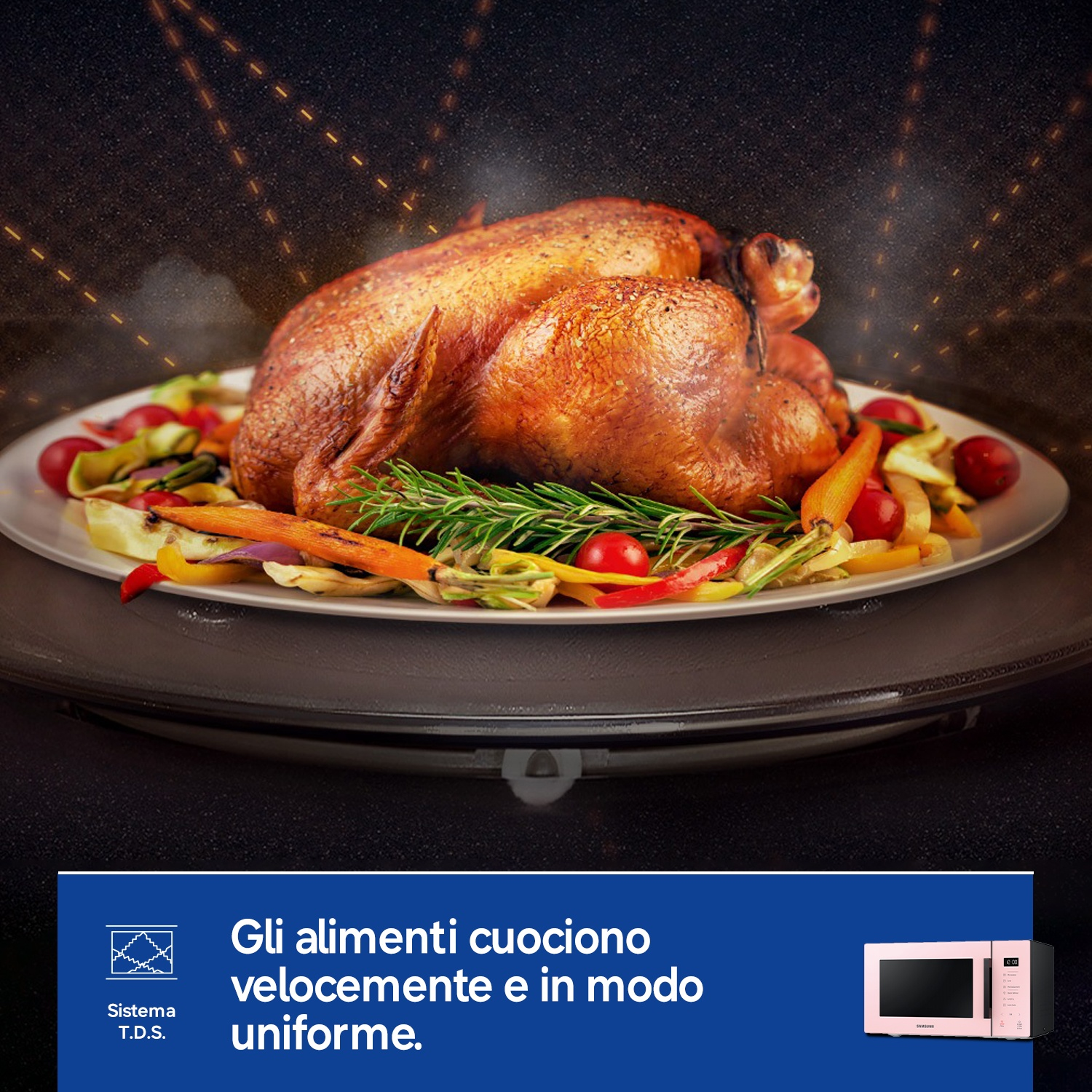 Un tacchino arrosto con verdure su un piatto, dentro un forno.