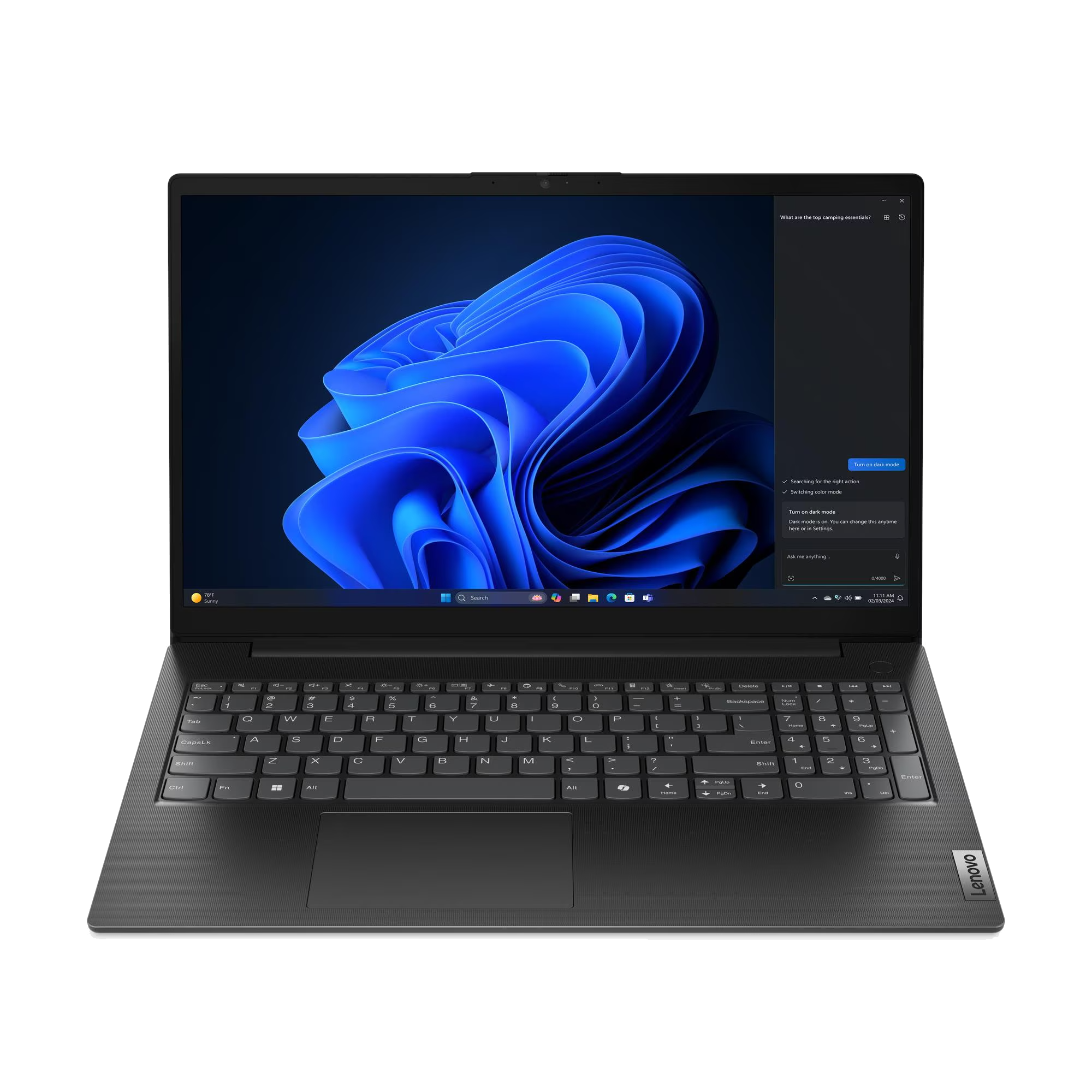 Un portátil abierto muestra Windows 11 con un fondo de pantalla azul ondulado.