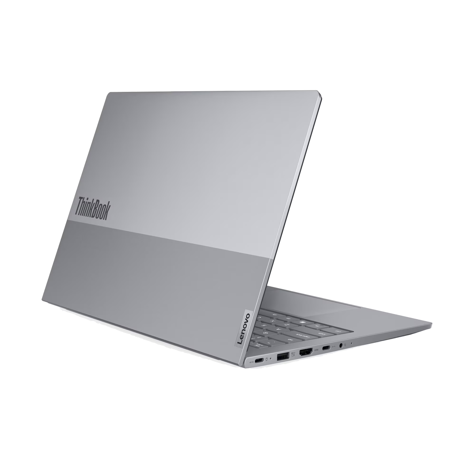 Un portátil Lenovo ThinkBook gris está abierto sobre un fondo negro.