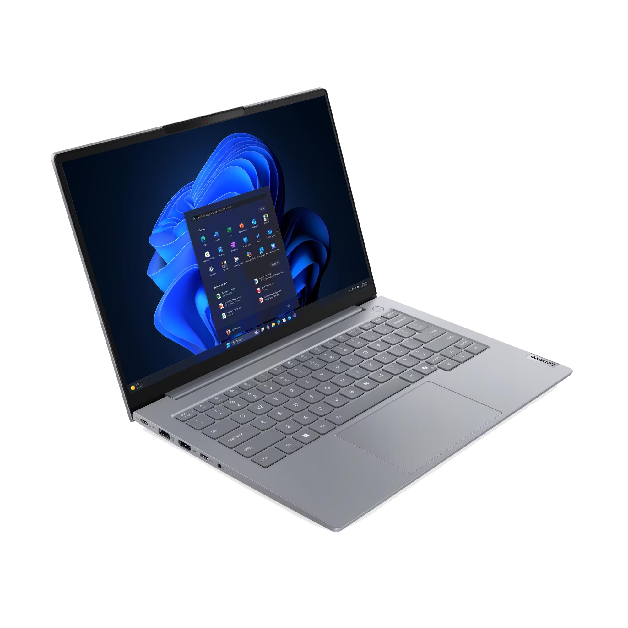 Un portátil plateado con la pantalla abierta, mostrando iconos y un fondo azul abstracto.