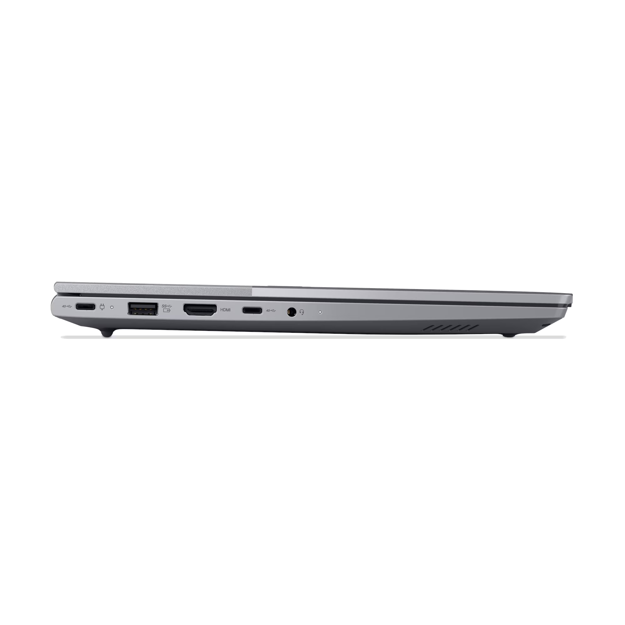 Vista lateral de un portátil delgado mostrando puertos: USB-C, HDMI, toma de auriculares.