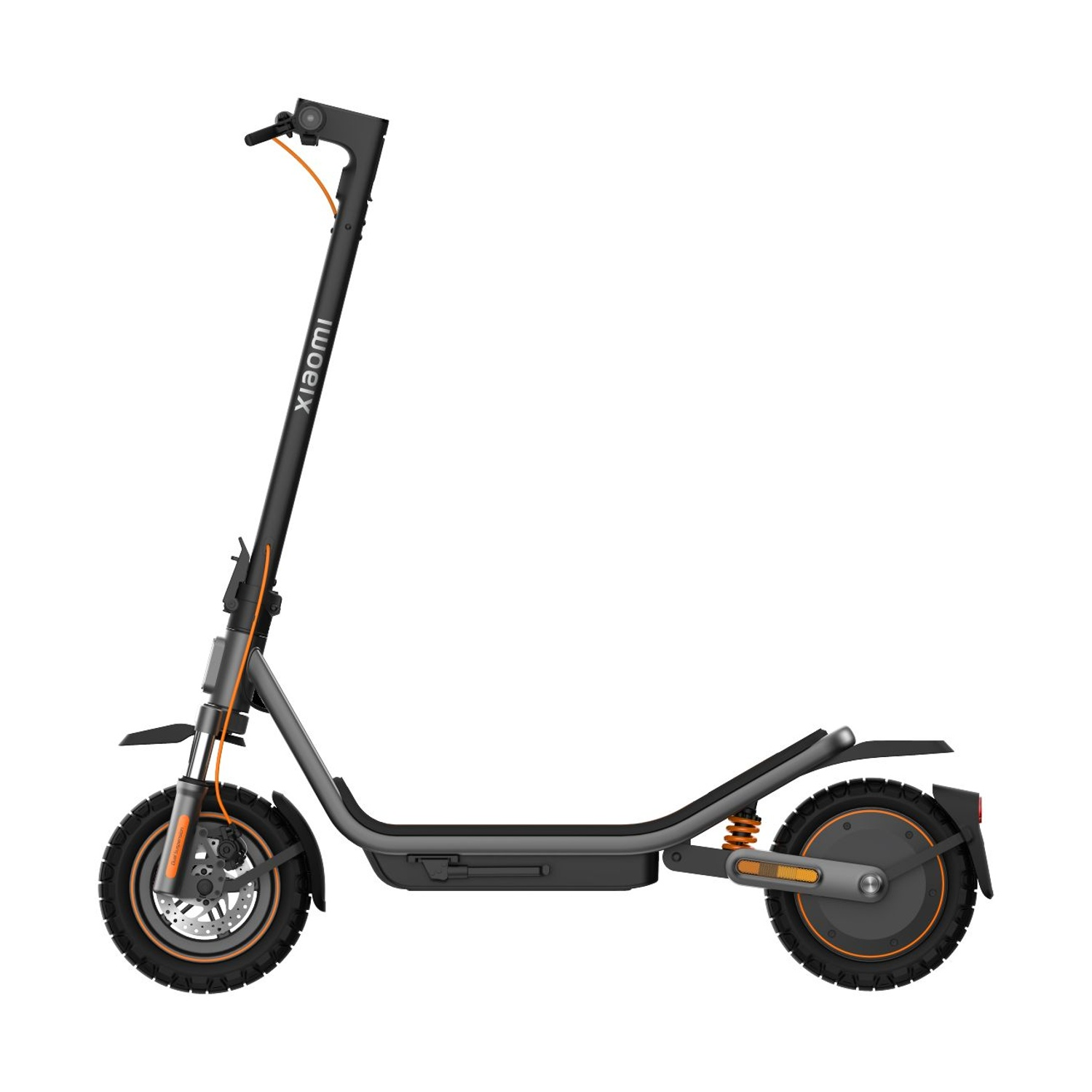 Un monopattino elettrico nero con accenti arancioni e logo Xiaomi.