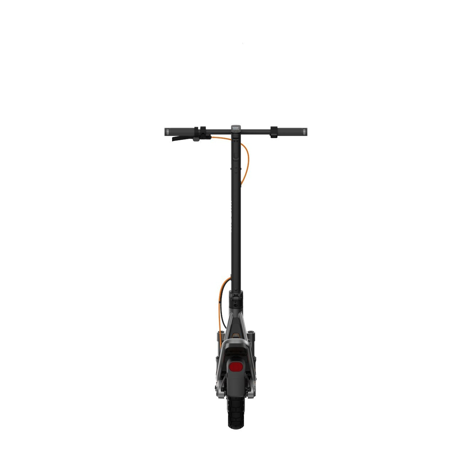 Uno scooter elettrico nero con accenti arancioni su sfondo bianco.