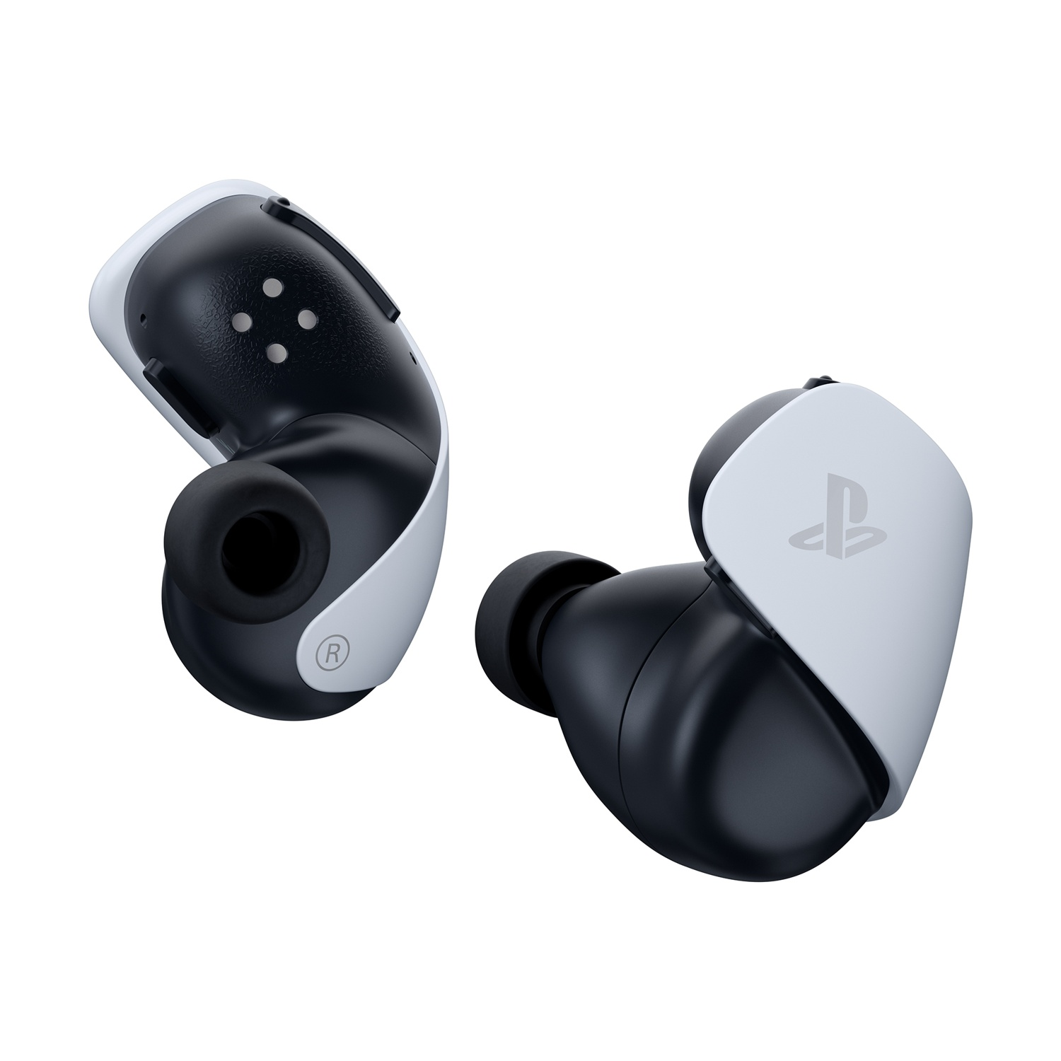 Due auricolari PlayStation bianchi e neri con logo PS.