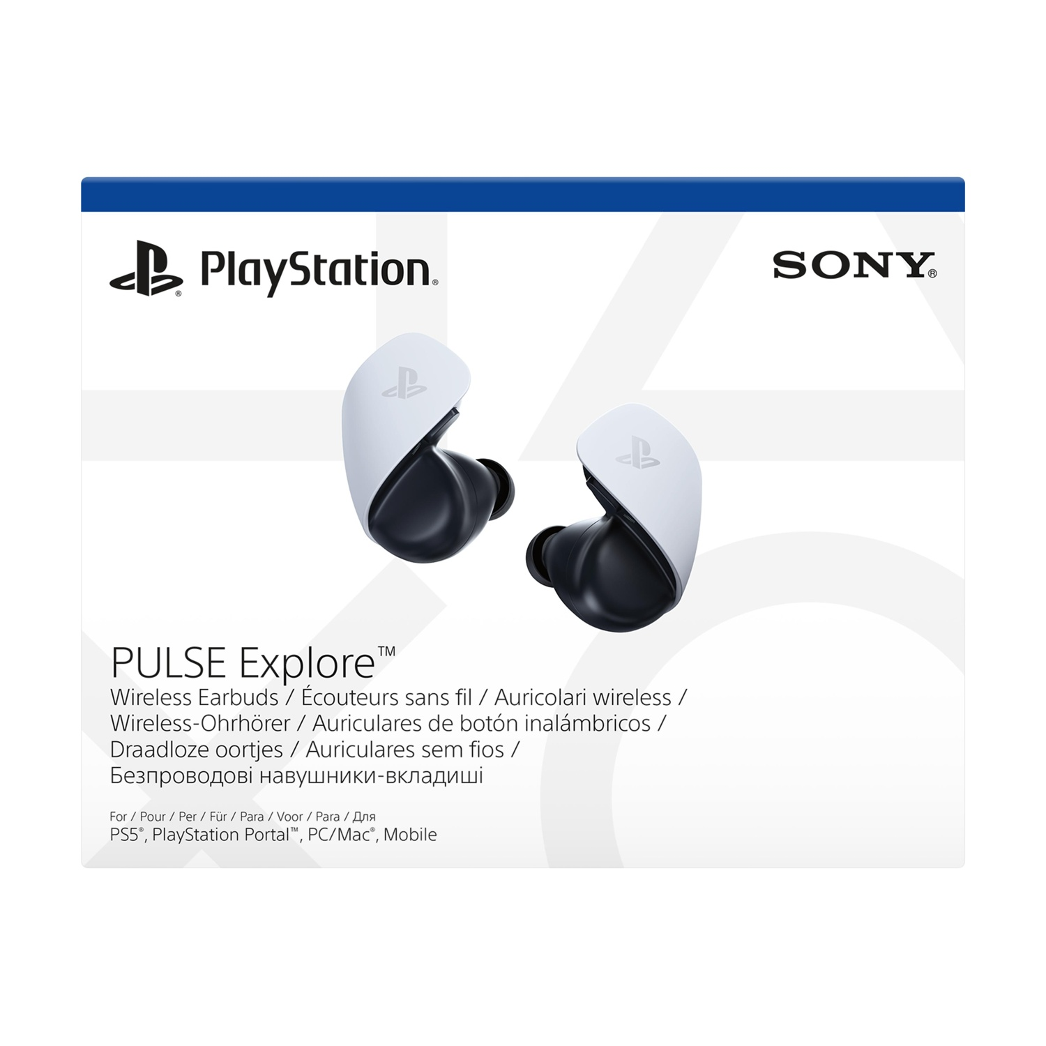 Due auricolari bianchi e neri PlayStation Pulse Explore con loghi PlayStation e Sony.