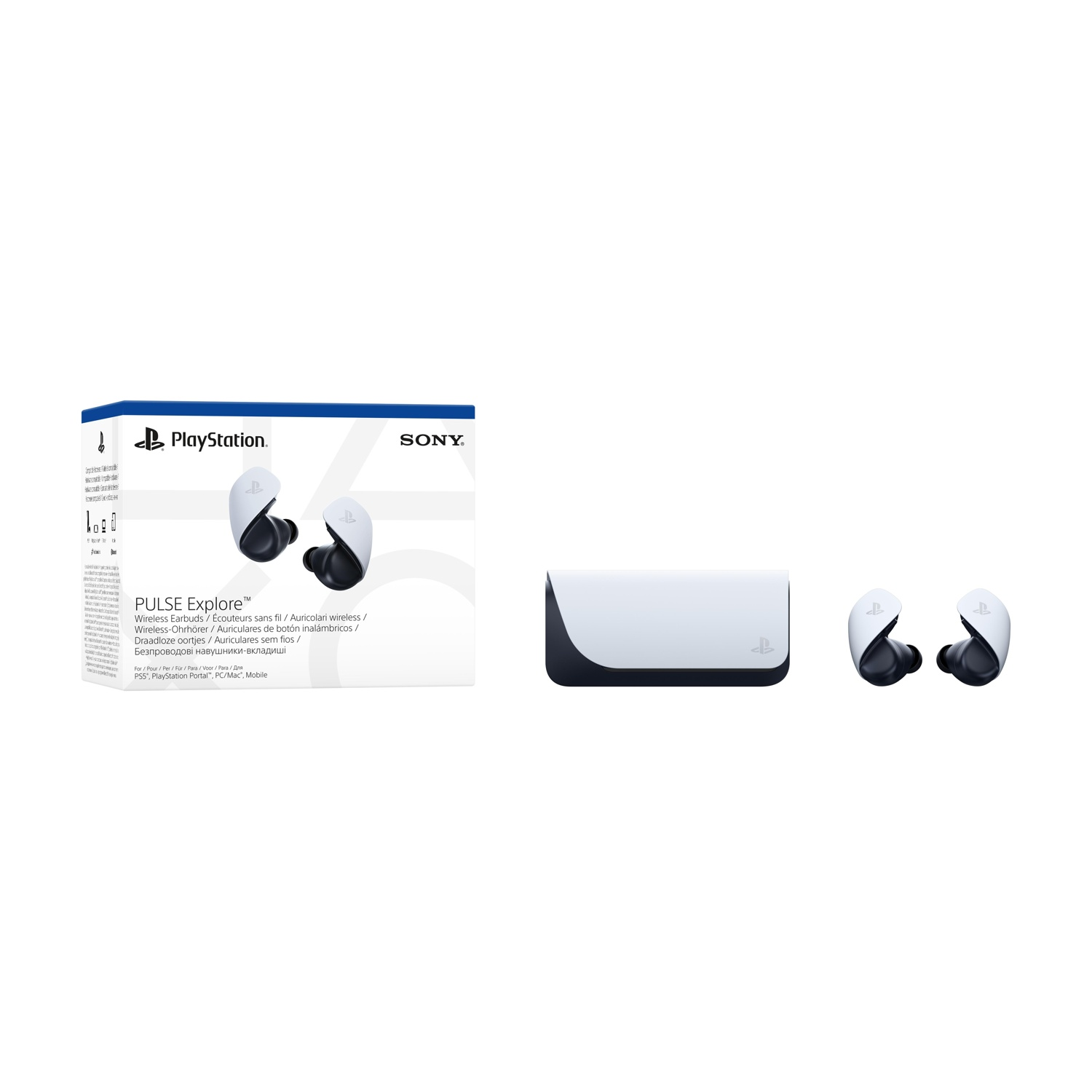 Auricolari wireless PlayStation Pulse Explore e custodia di ricarica, bianchi e neri.
