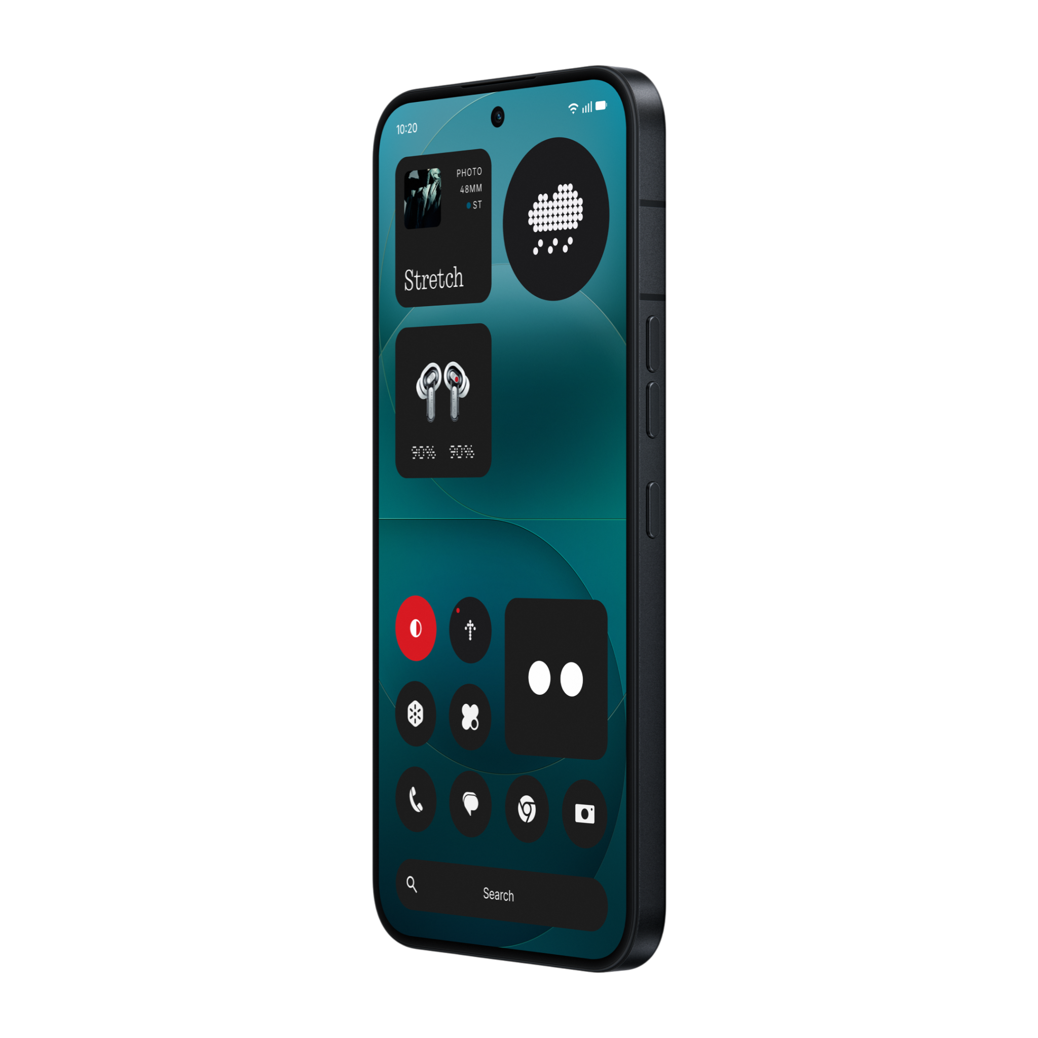 Smartphone mit dunklem Hintergrund, Widgets und App-Symbolen auf dem Bildschirm.
