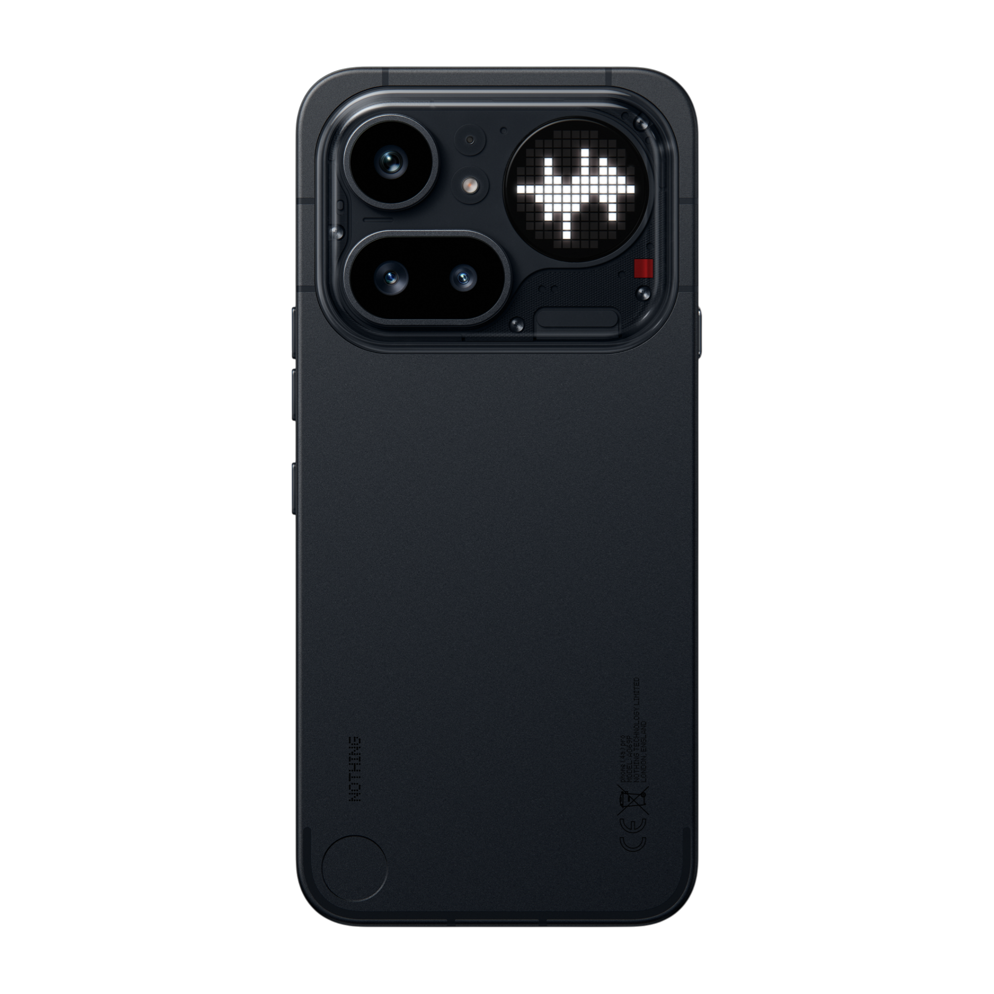 Rückseite eines schwarzen Smartphones mit Kameras und einem leuchtenden Symbol.