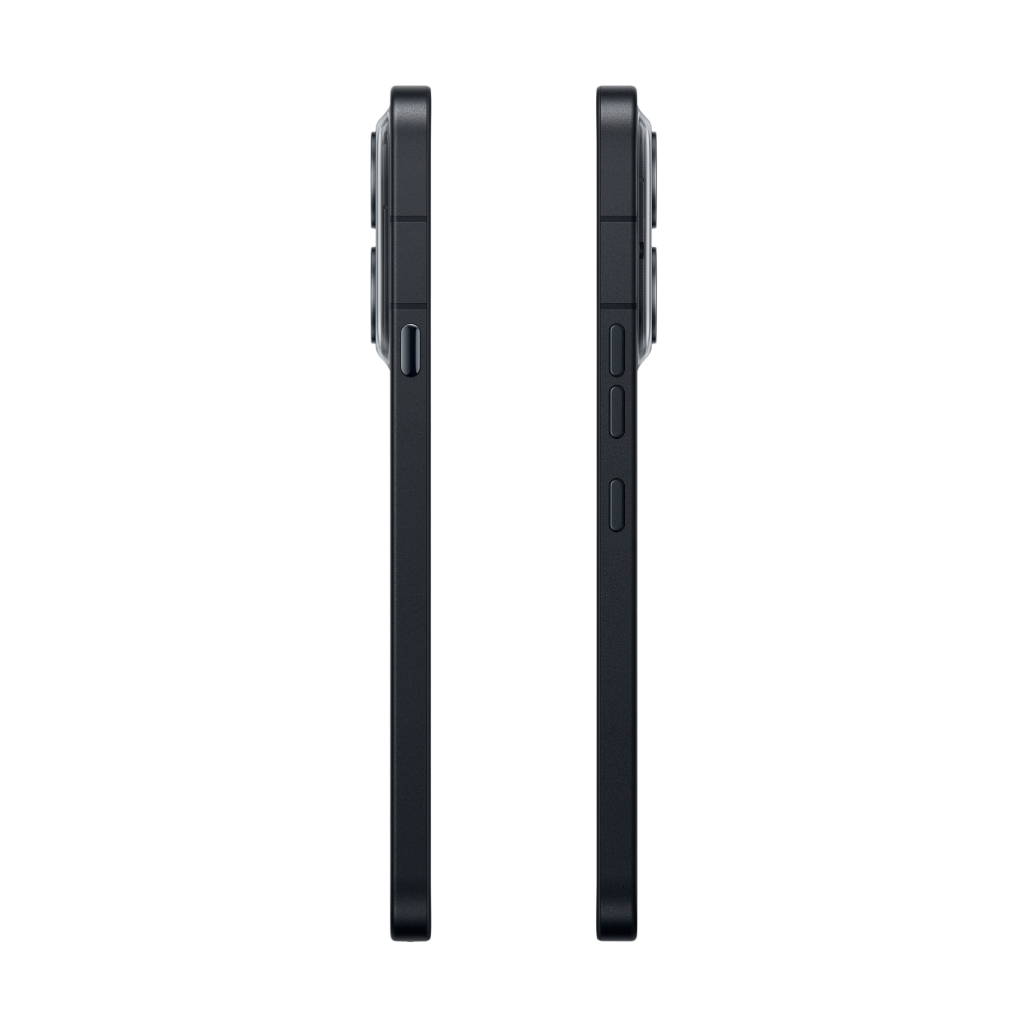 Zwei dunkle Smartphones nebeneinander, Seitenansicht mit Kameras und Tasten.