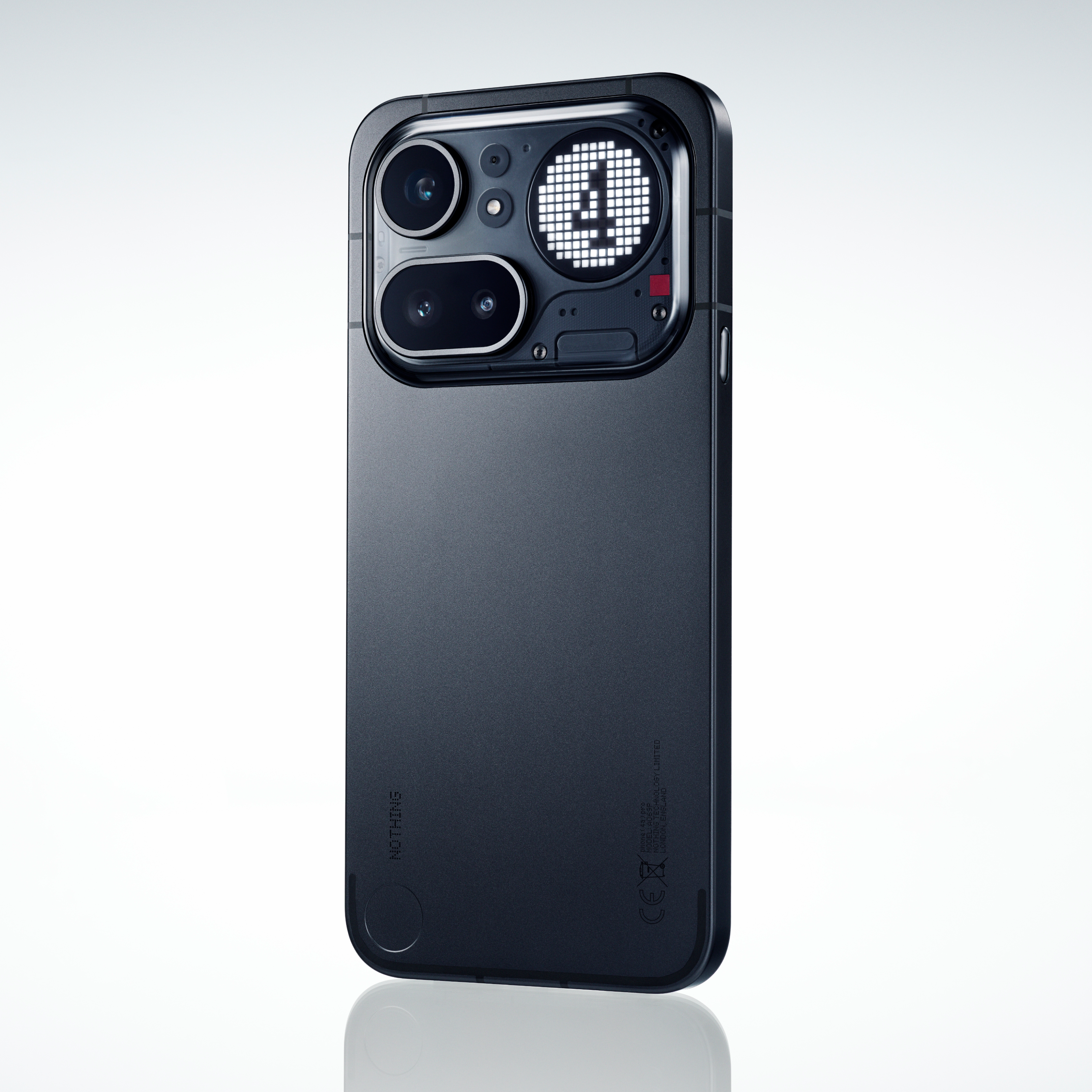 Ein schwarzes Smartphone mit Doppelkamera und einem LED-Display auf der Rückseite.
