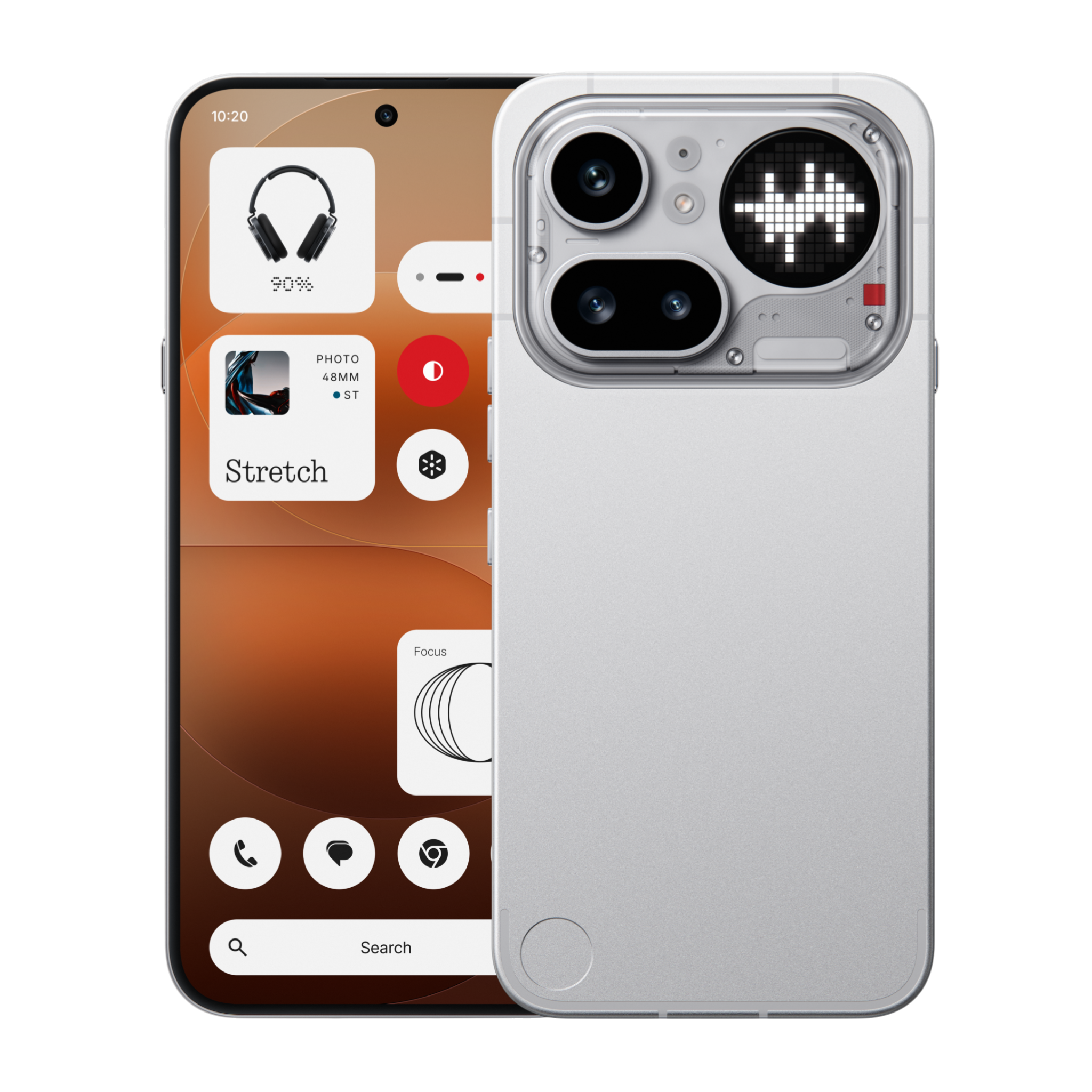 Ein weißes Smartphone mit einem transparenten Gehäuse auf der Rückseite und einem Kopfhörer-Widget auf dem Bildschirm.