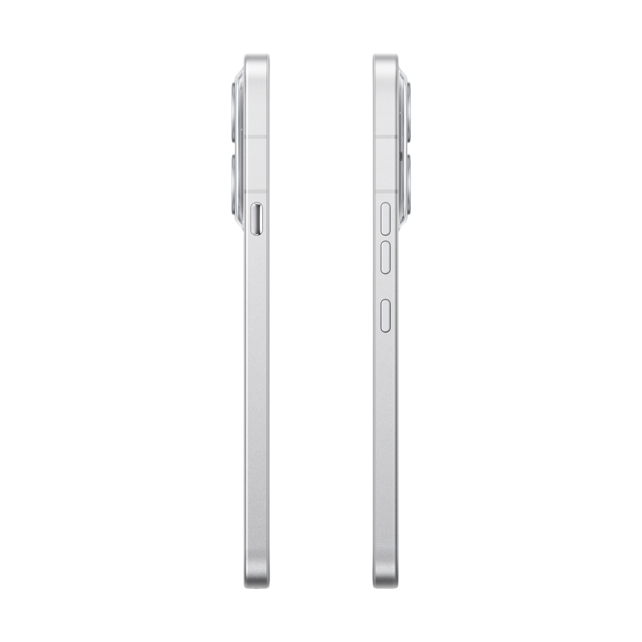 Zwei schmale, silberne Smartphones stehen nebeneinander, mit Blick auf ihre Seitenansicht.