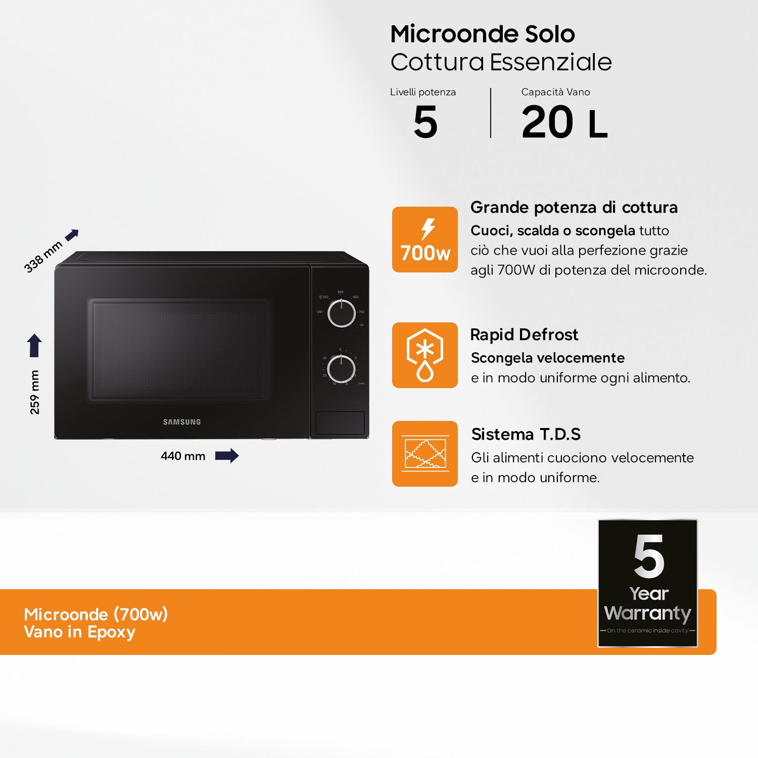 Microonde Samsung nero, 20L, 700W. Dimensioni 440x259x338mm. Garanzia 5 anni.