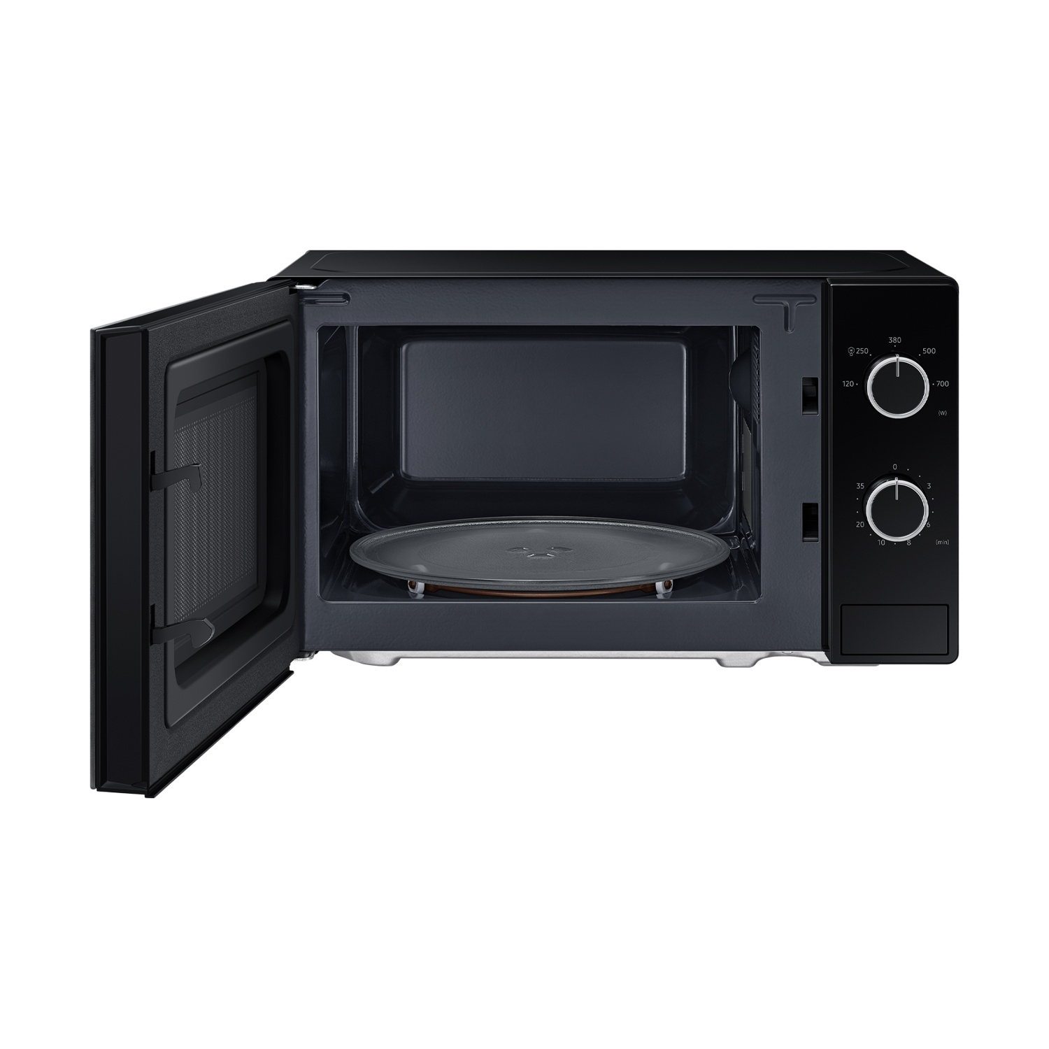 Forno a microonde nero con porta aperta e piatto girevole all'interno. Manopole visibili.