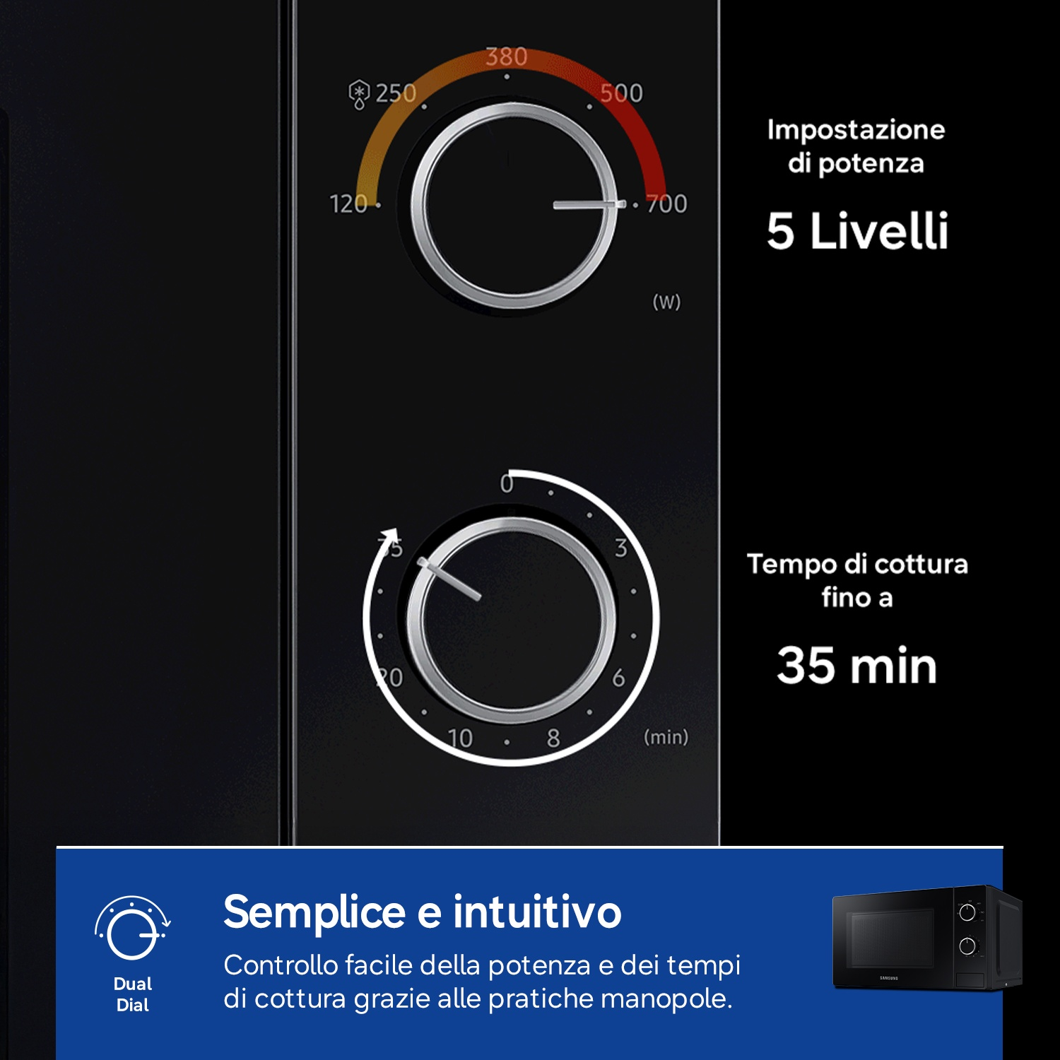 Microonde con due manopole per potenza e tempo. 5 livelli di potenza, fino a 35 min.