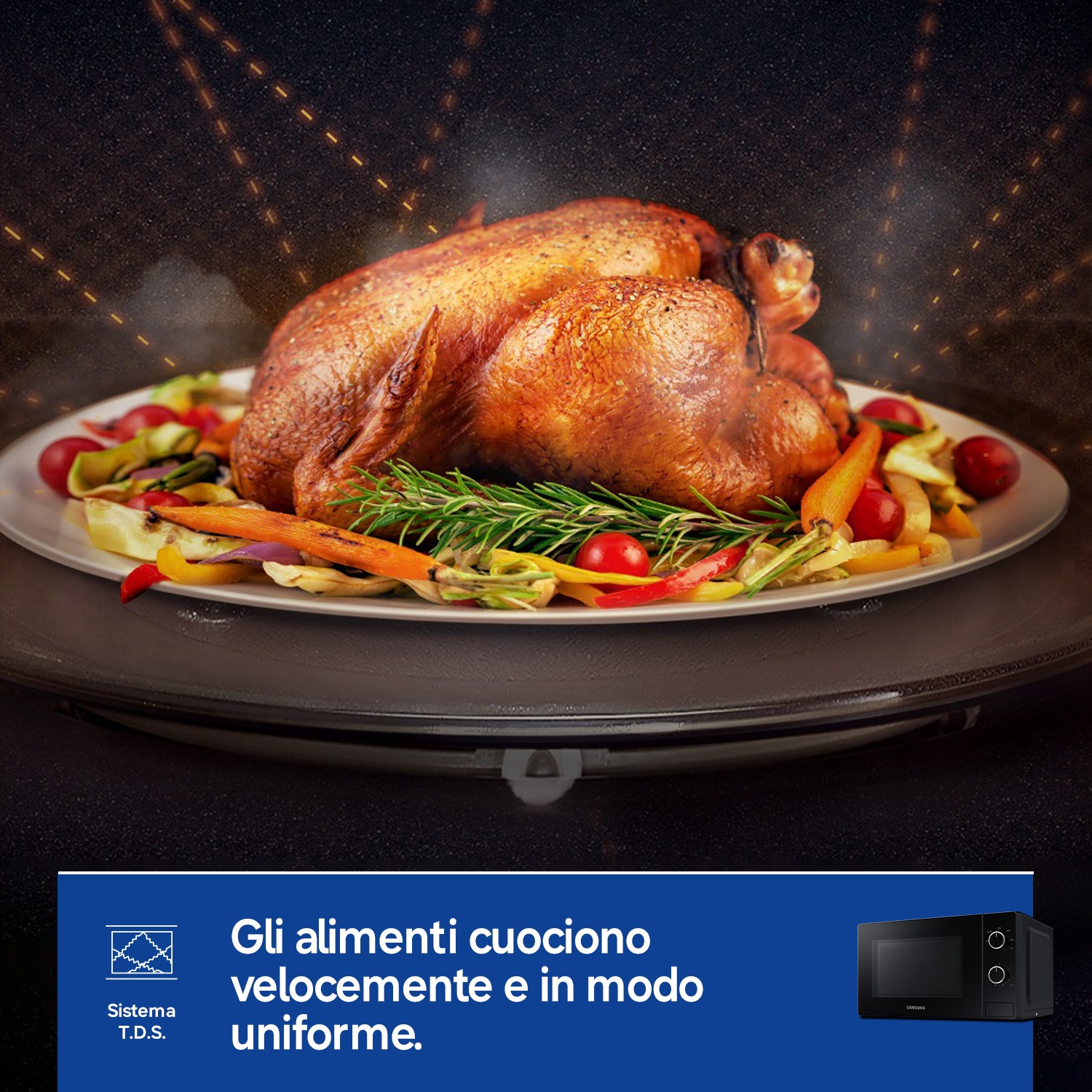 Un tacchino arrosto con verdure su un piatto, fumante e caldo.
