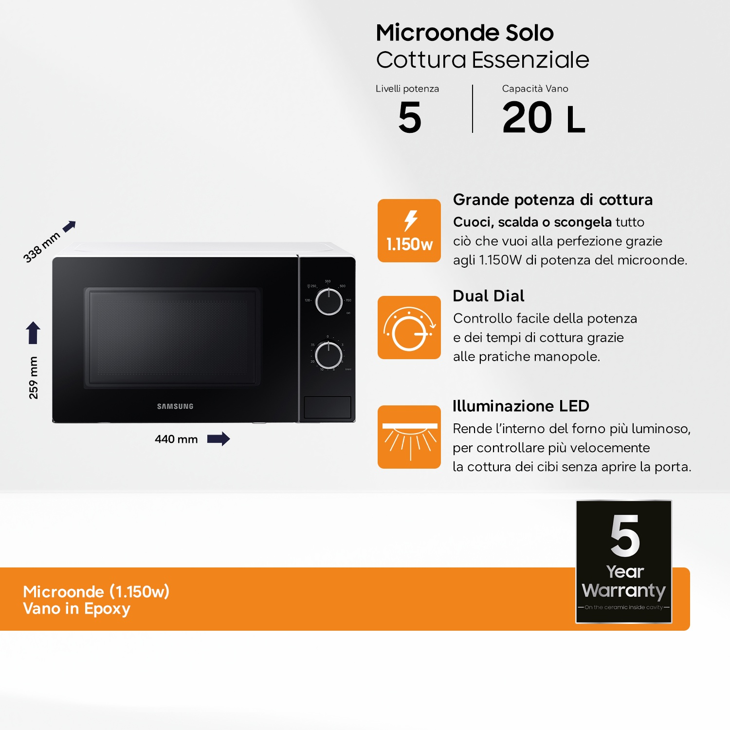 Un dettaglio del microonde Samsung nero con dimensioni e caratteristiche.