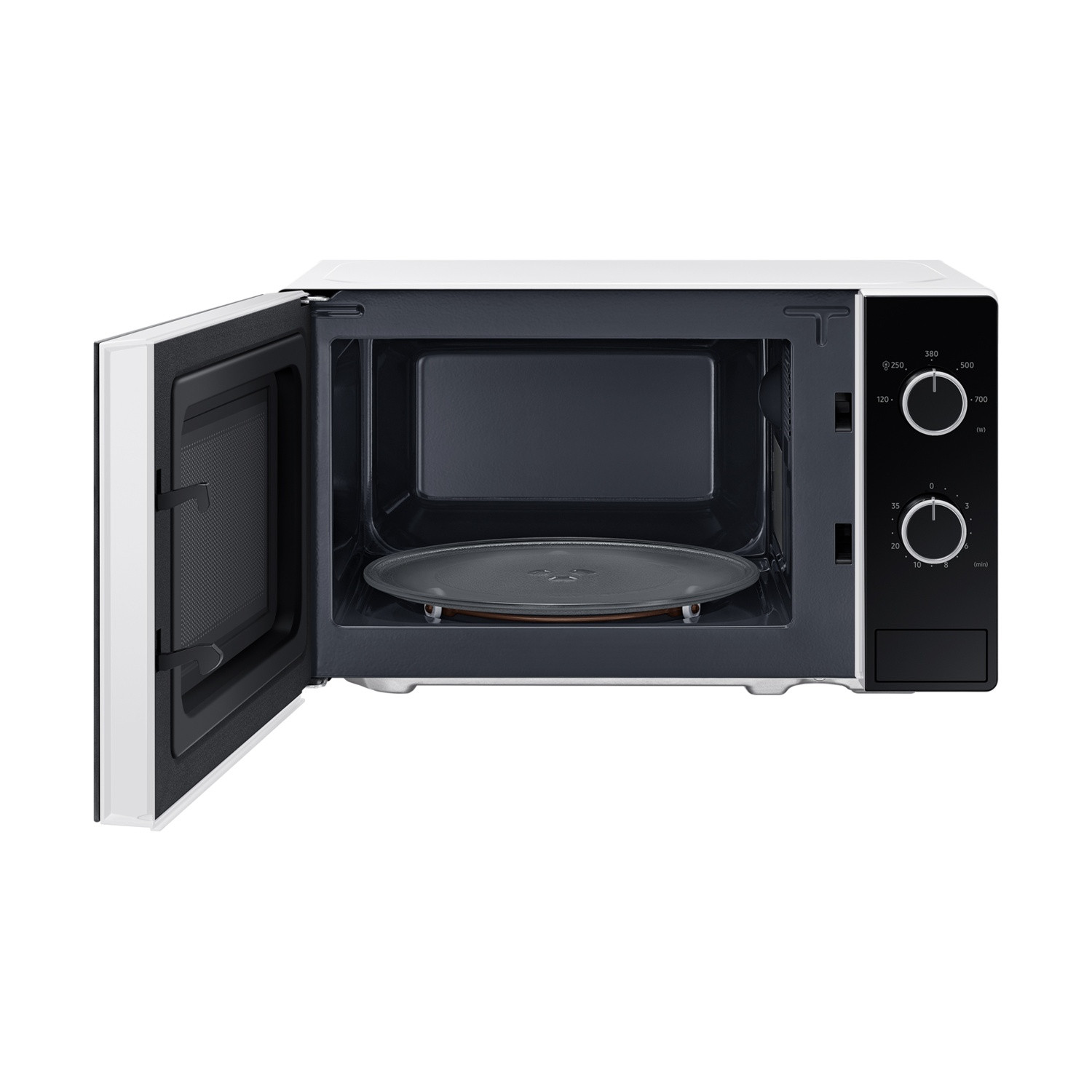 Un forno a microonde bianco con porta aperta e piatto girevole in vetro.