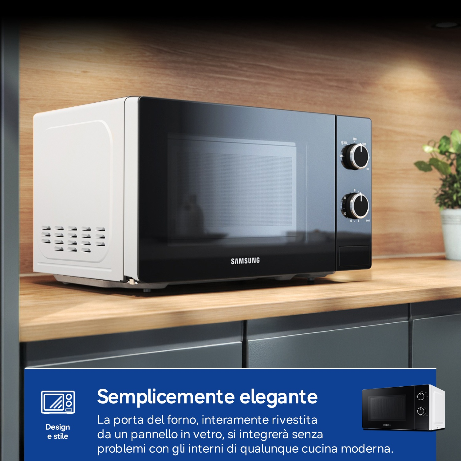 Un microonde Samsung bianco e nero su un piano di lavoro in legno.