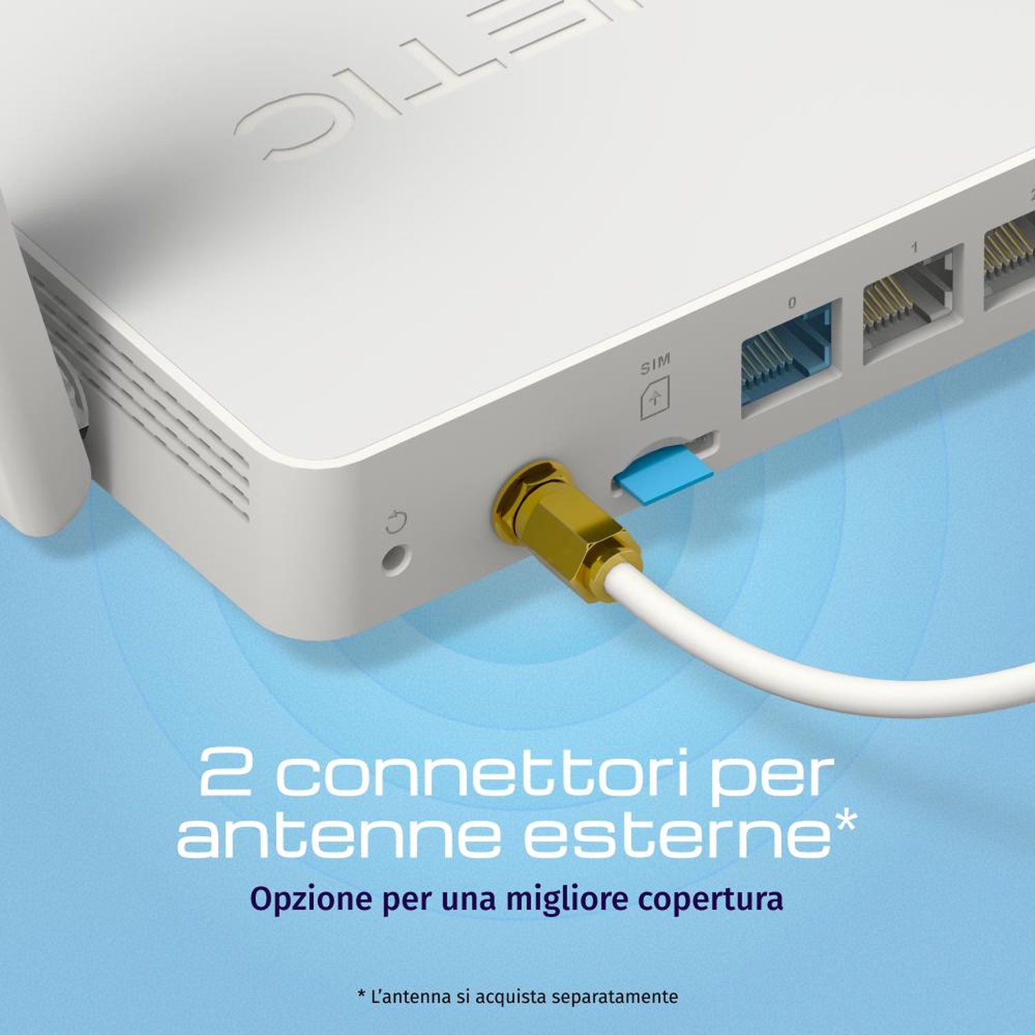 Un router bianco con slot SIM e connettore antenna esterna.
