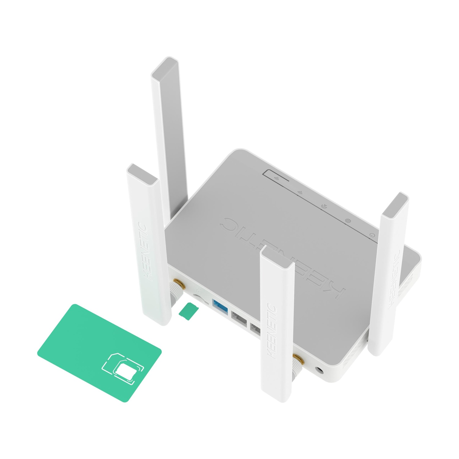 Un router bianco con quattro antenne e una scheda SIM accanto.