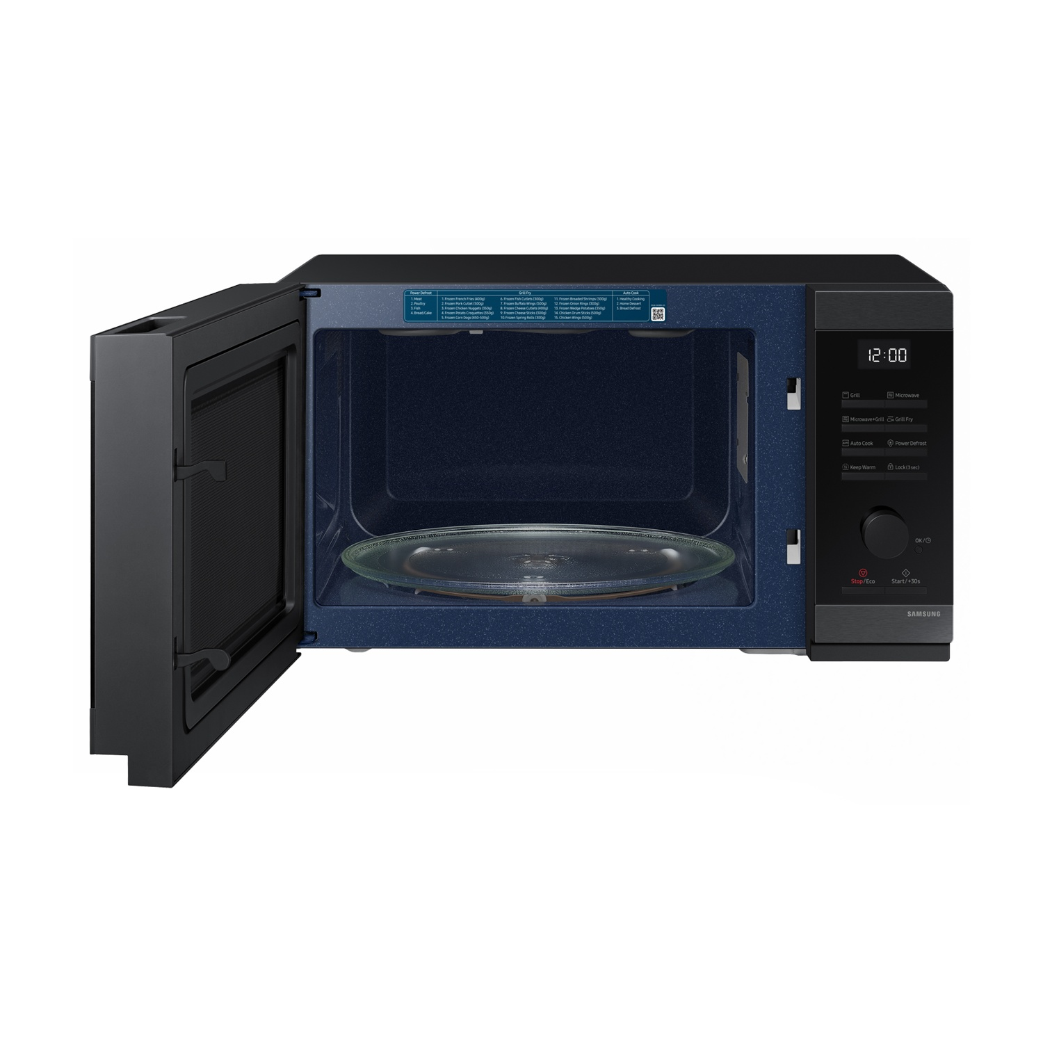 Un microonde Samsung nero aperto con interno blu e piatto girevole in vetro.