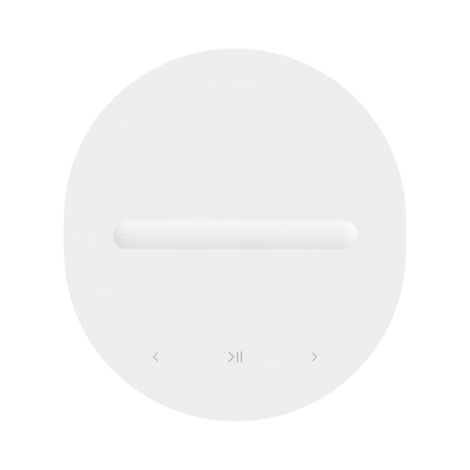 Un dispositivo bianco e rotondo con controlli per volume e riproduzione.