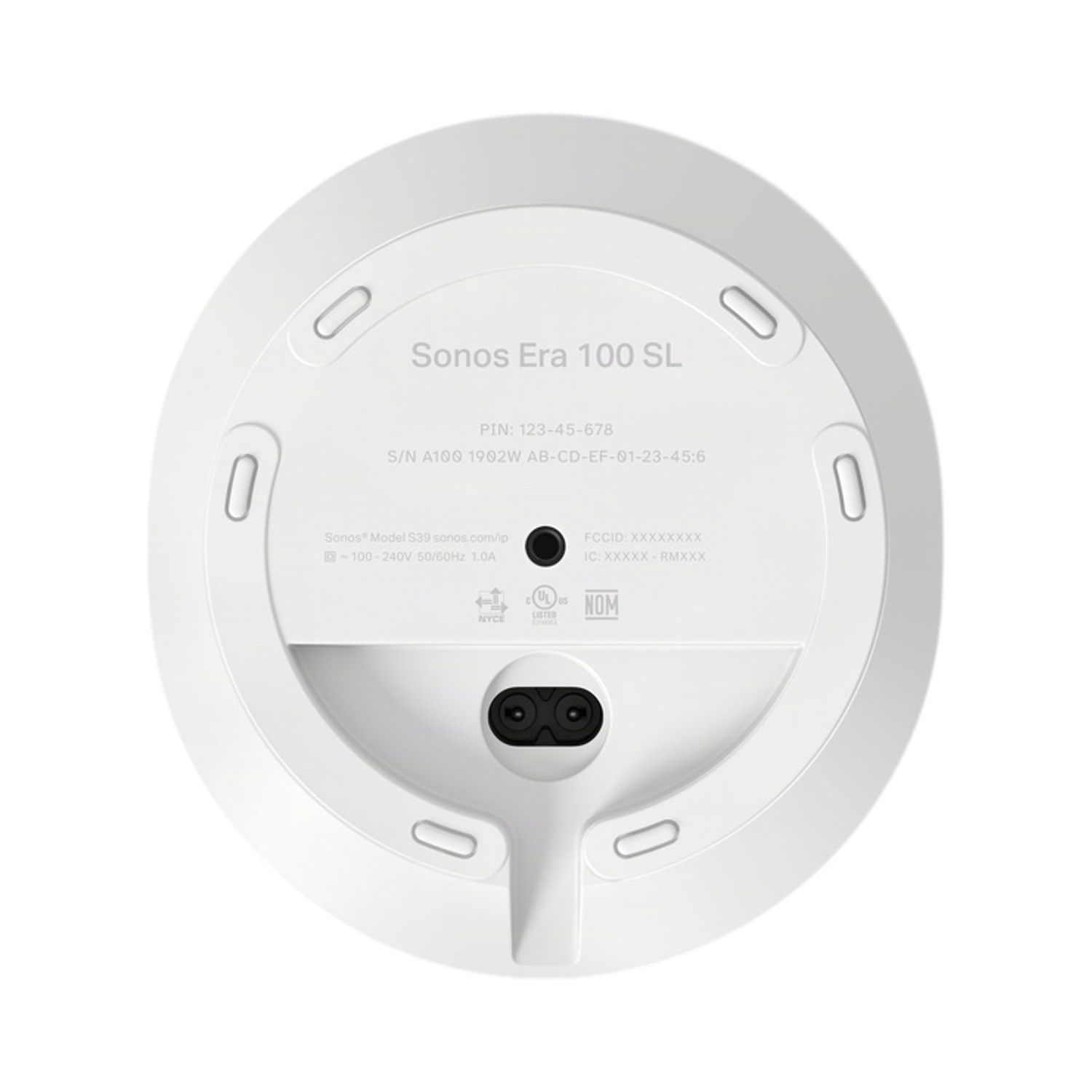 Vista inferiore di un altoparlante bianco Sonos Era 100 SL, con porta di alimentazione ed etichette.