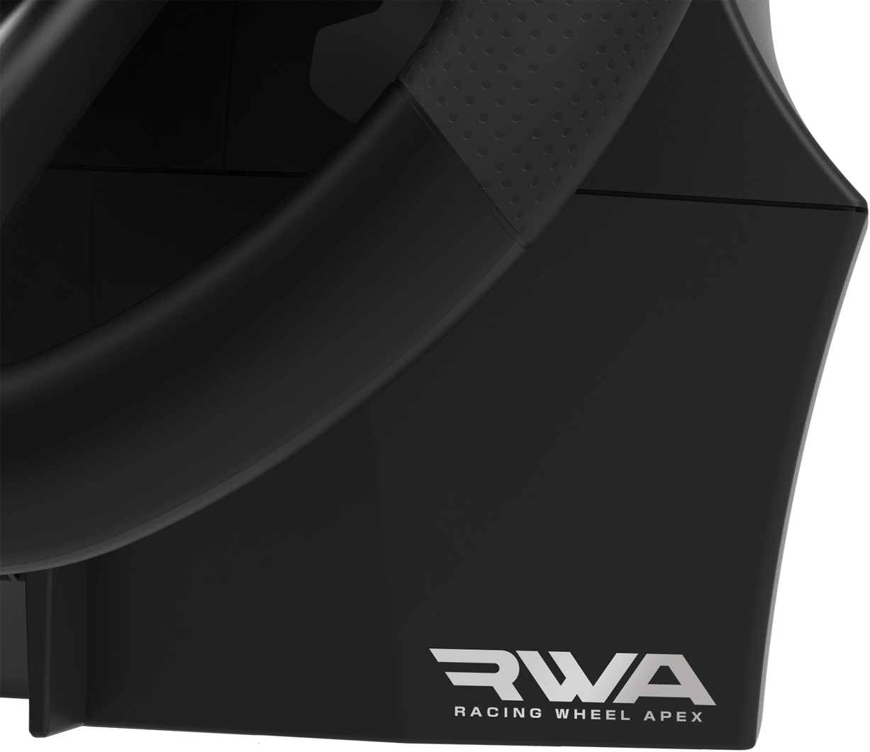 Egy fekete kormánykerék RWA logóval és "Racing Wheel Apex" felirattal.