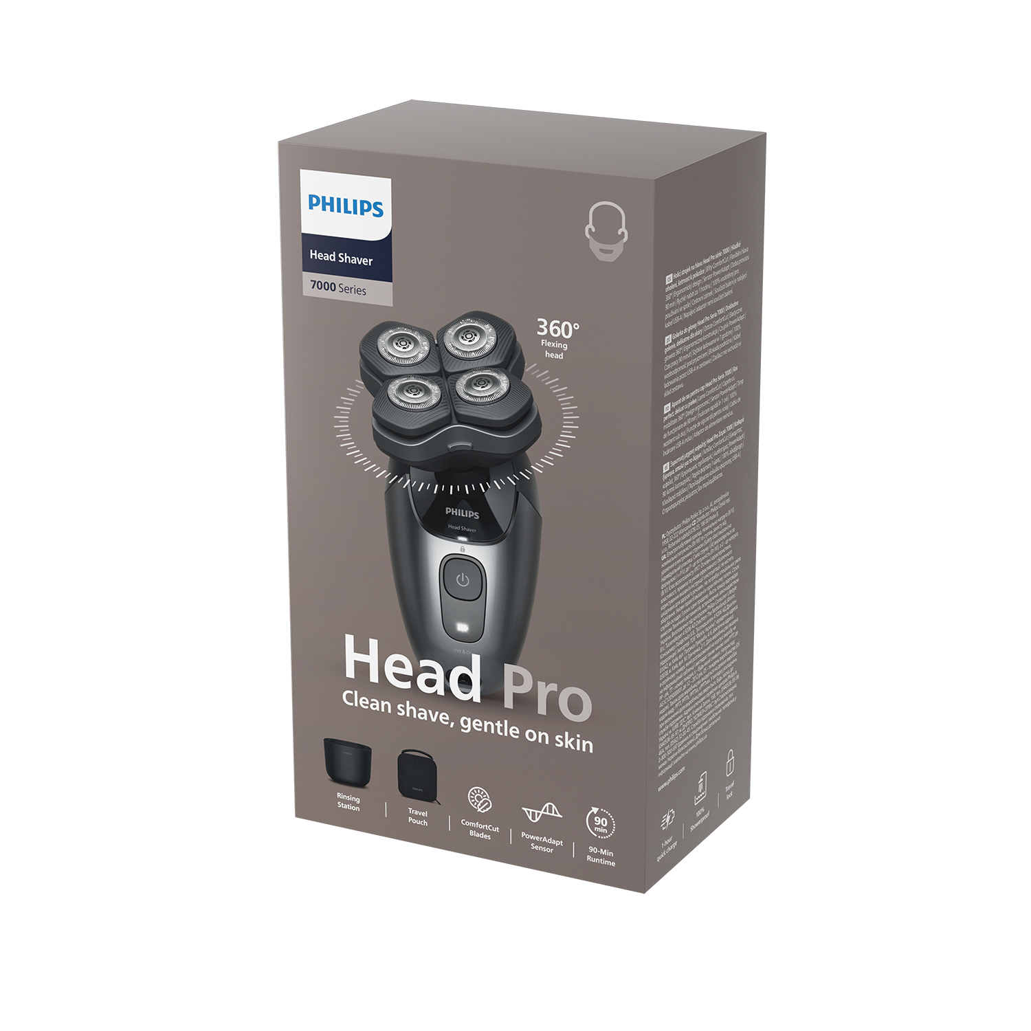 Caja de Philips Head Shaver 7000 Series mostrando maquinilla y accesorios.