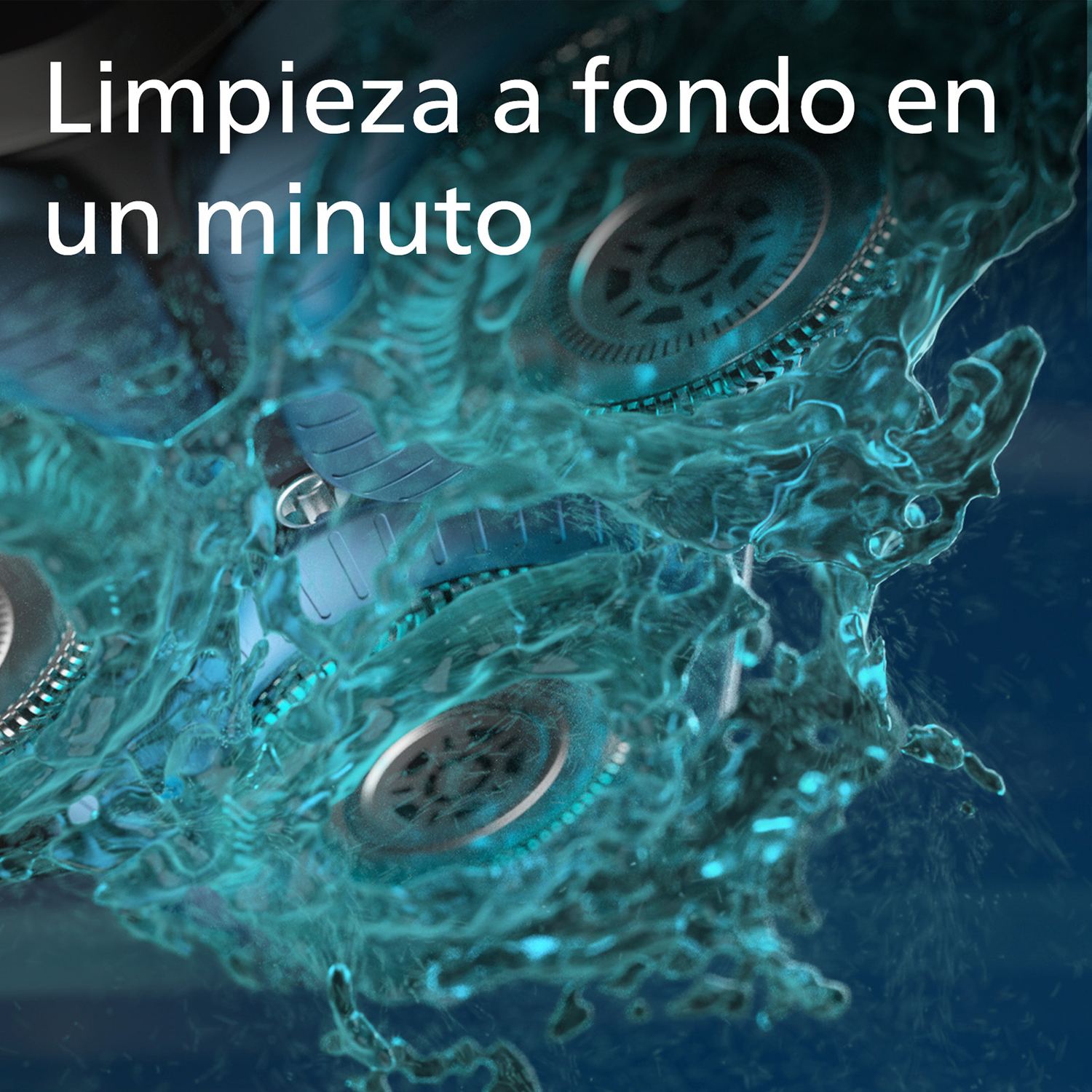 Pieza mecánica con agua salpicando, iluminación azul.