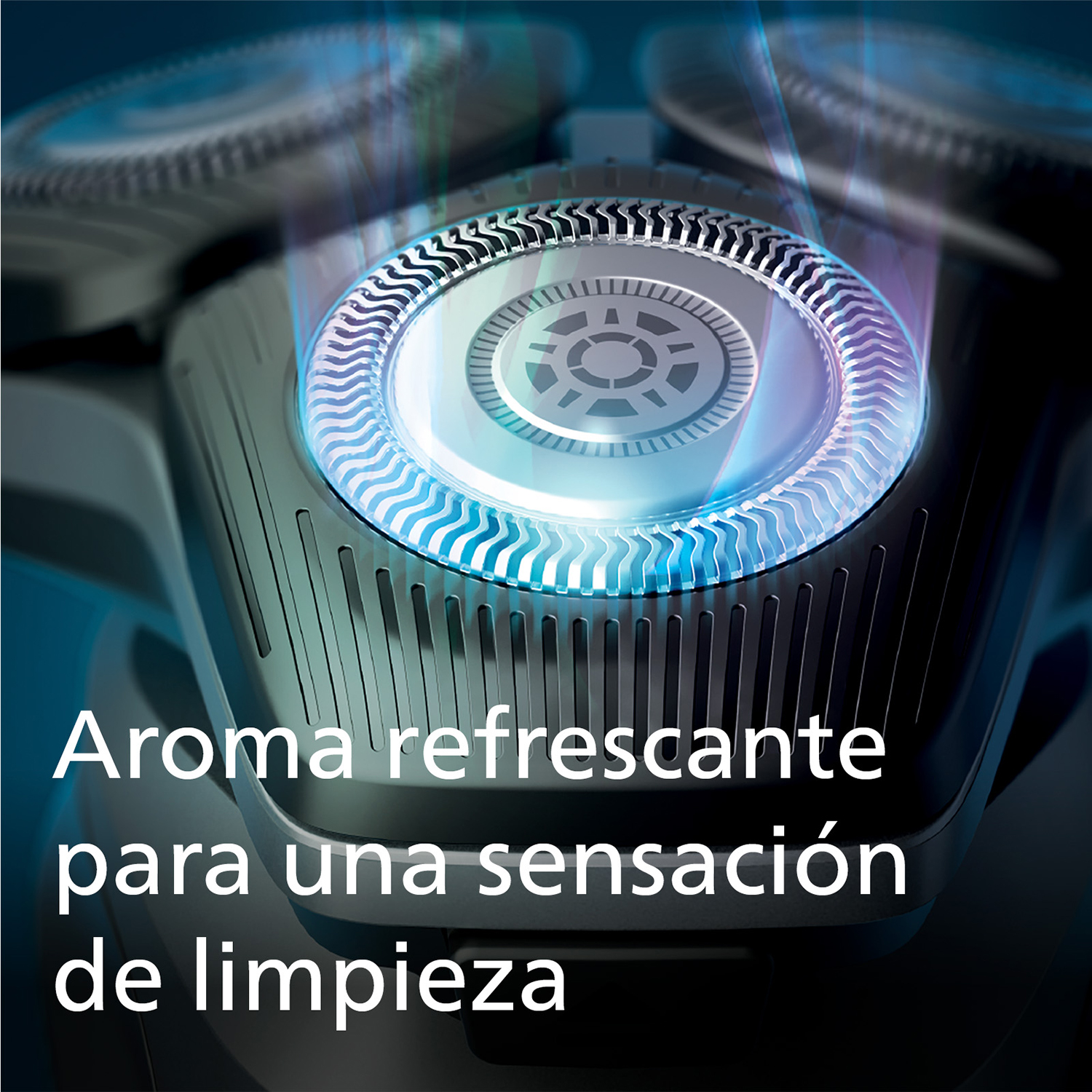 Primer plano de un cabezal de afeitadora con columnas de luz.