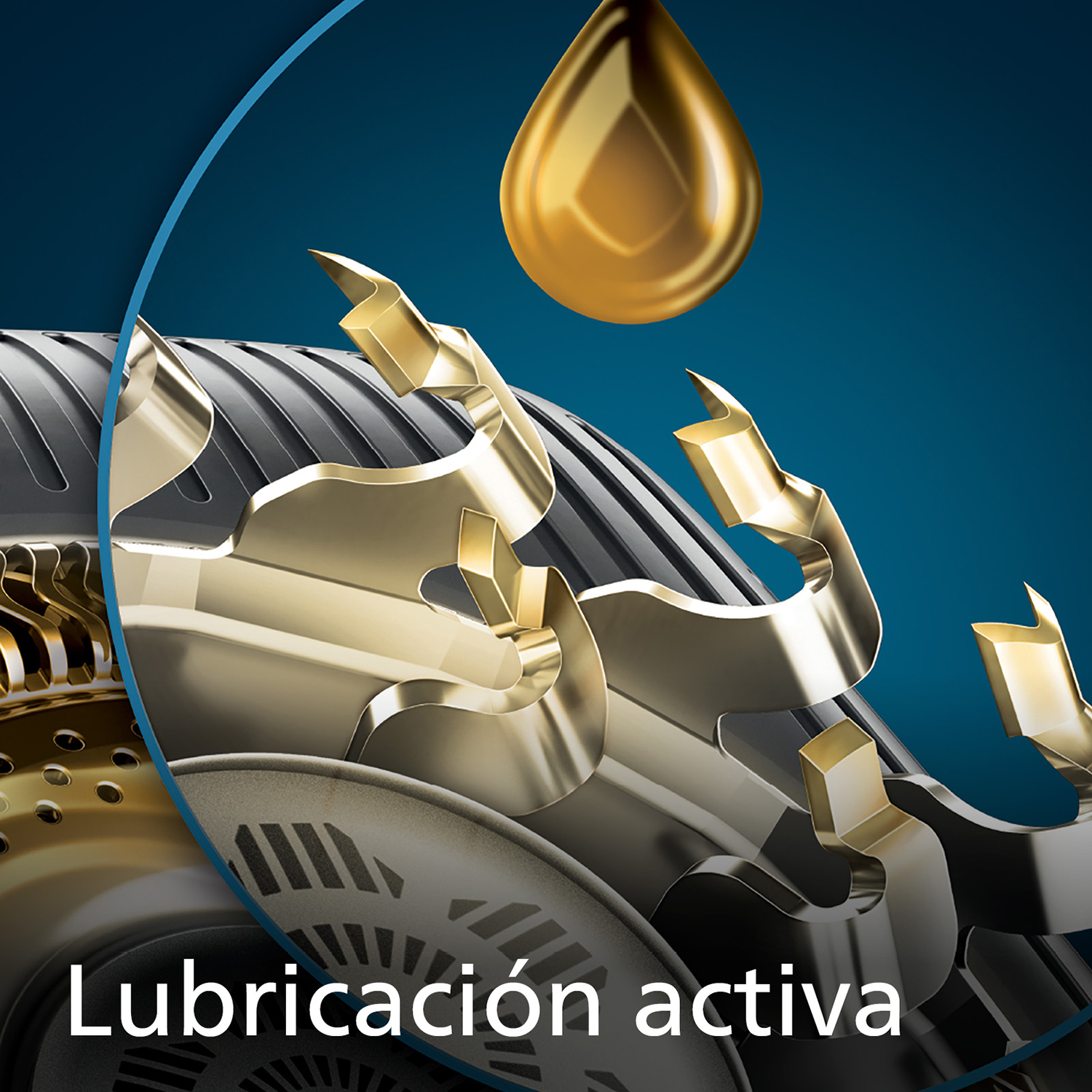 Gota de aceite dorada sobre cuchillas doradas afiladas en fondo azul.