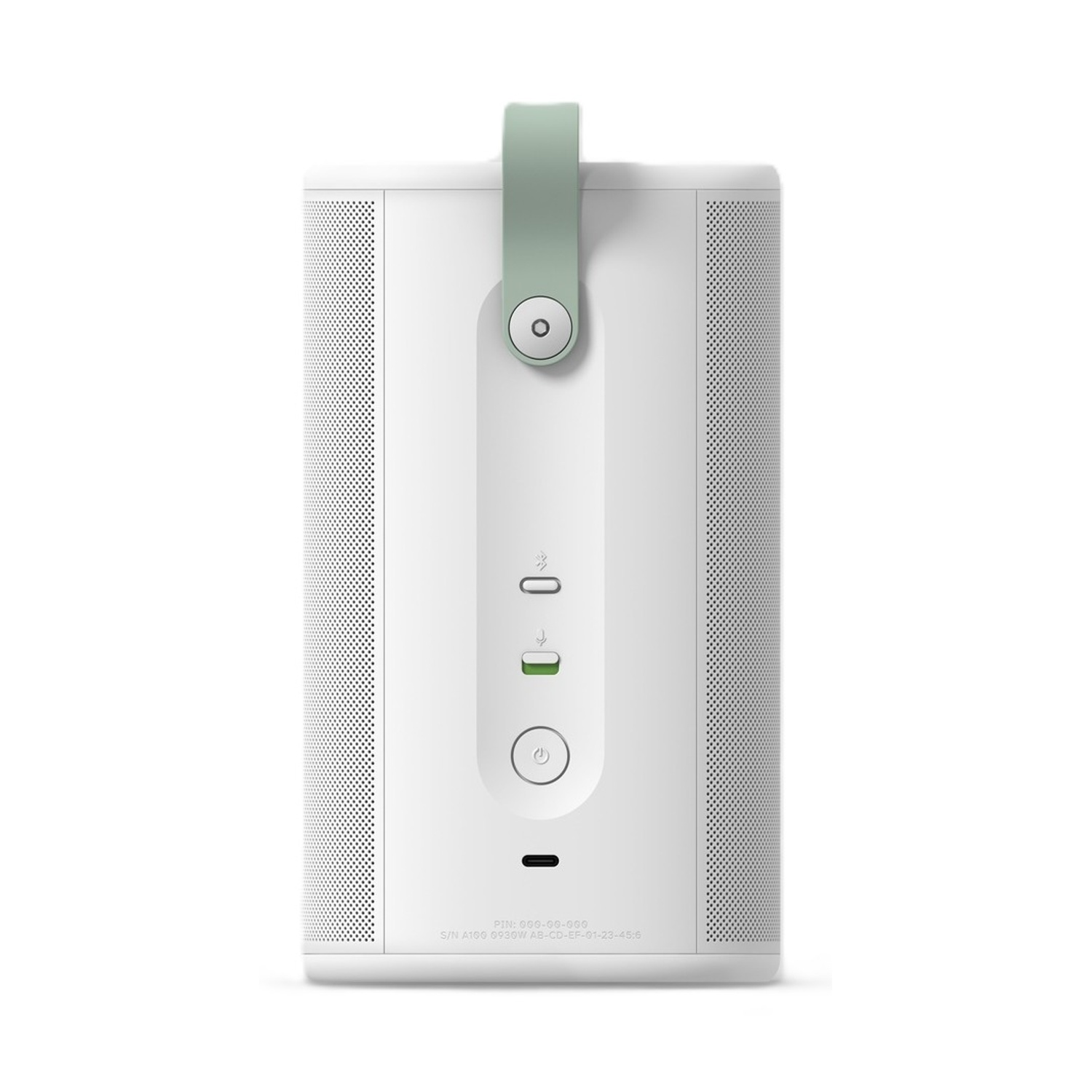 Altoparlante bianco con cinghia verde, USB-C e pulsante di accensione.