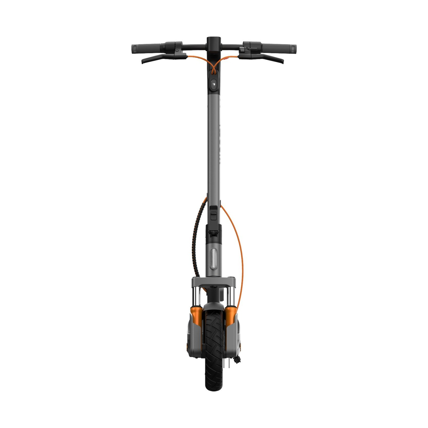 Monopattino elettrico grigio con accenti arancioni, vista frontale.