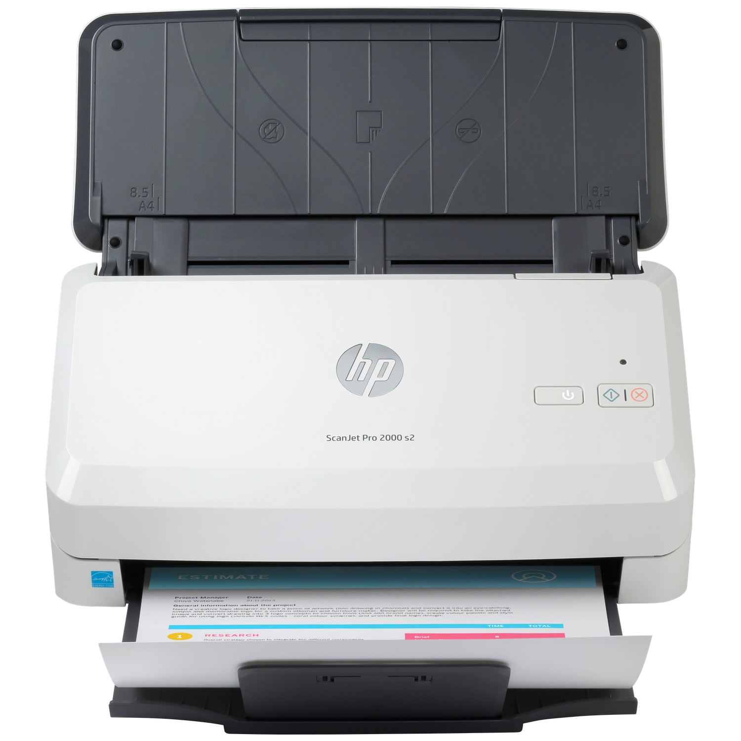 Een witte HP ScanJet Pro 2000 s2 scanner met geopende klep, met een ingevoegd document.