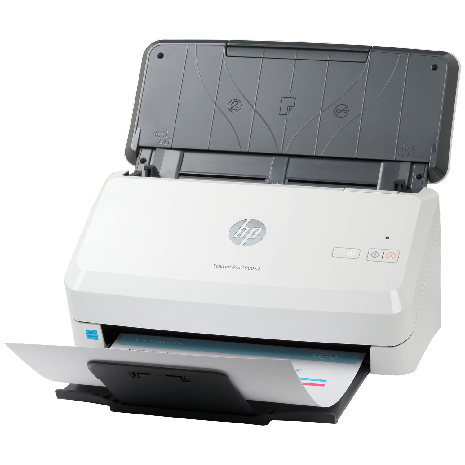Een witte HP ScanJet Pro 2000 s2 scanner met open deksel en uitstekend papier.