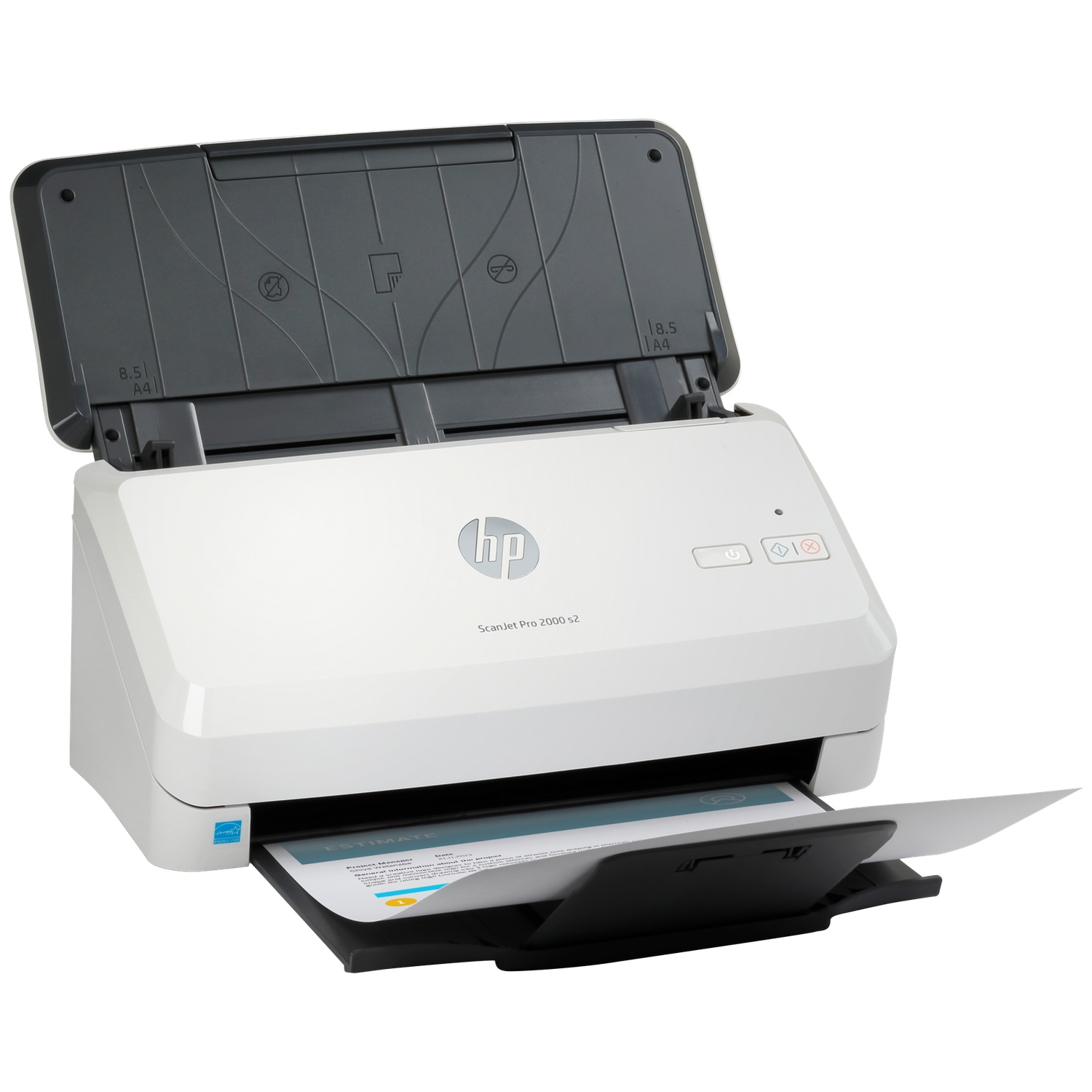 Een witte HP ScanJet scanner met het deksel open en een document erin.