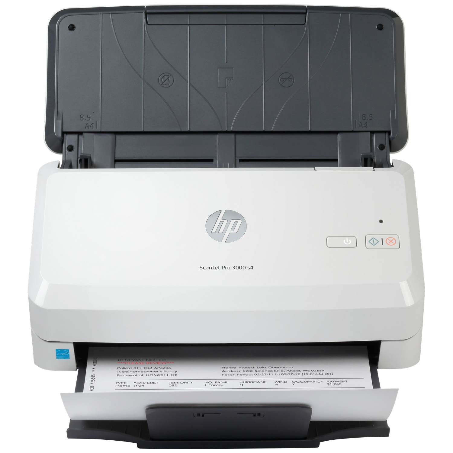 HP ScanJet Pro 3000 s4 scanner with lid open, showing a document being scanned.