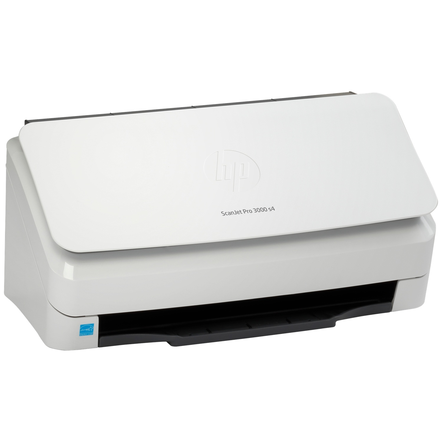White HP ScanJet Pro 3000 s4 document scanner with a black output tray and Energy Star logo.