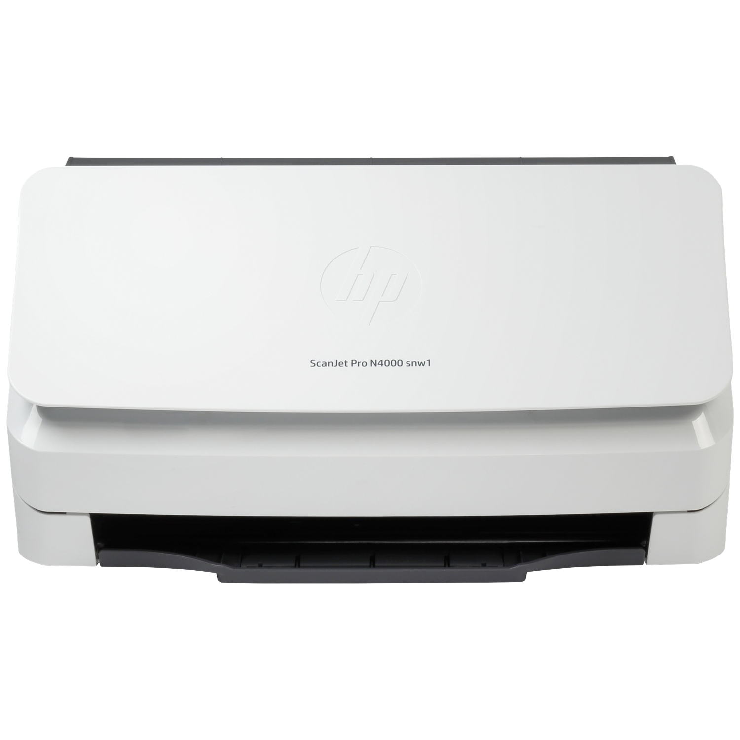Een witte HP ScanJet Pro N4000 snw1 flatbed scanner met grijze accenten.