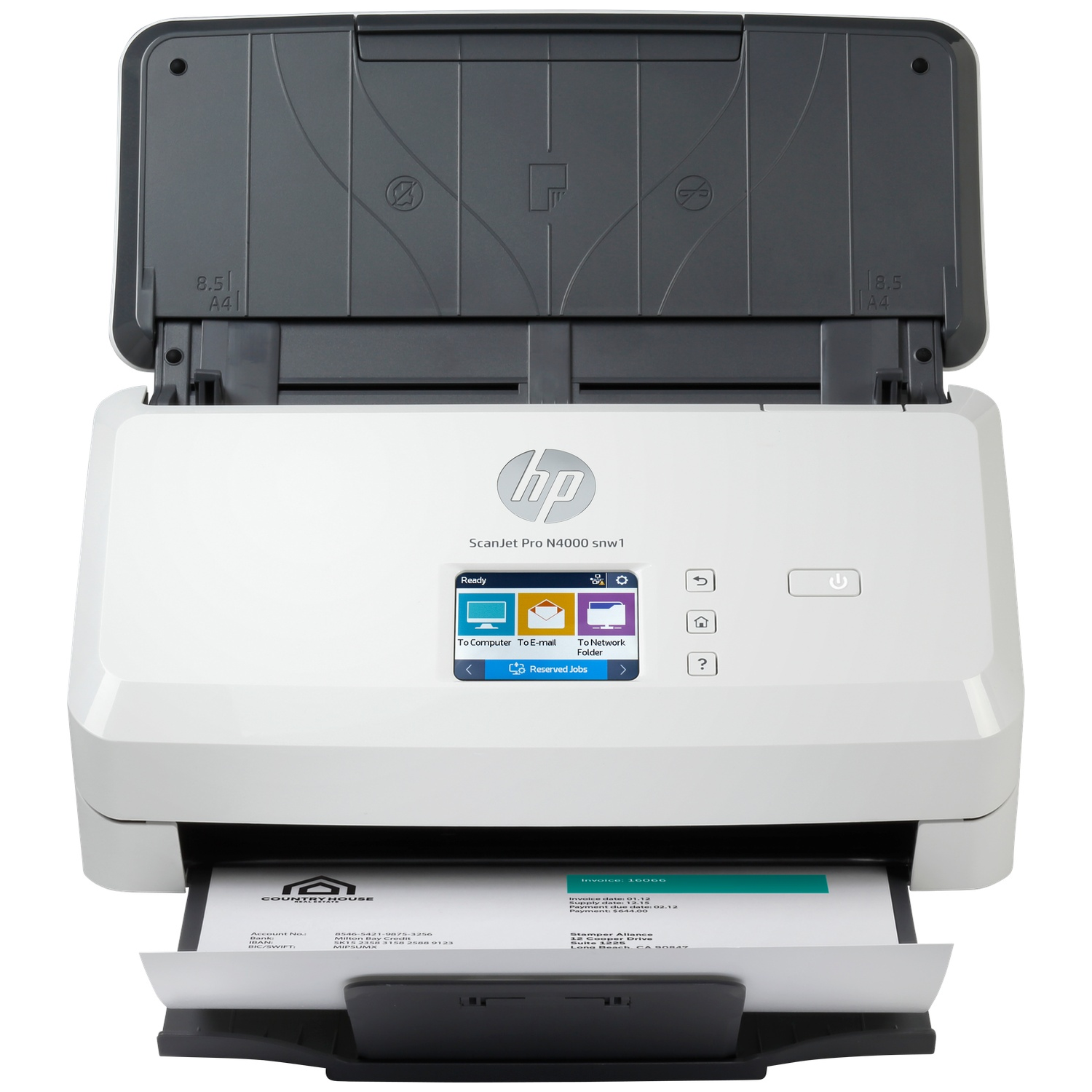 Een witte HP ScanJet Pro scanner met open klep, met een ingevoegd document.