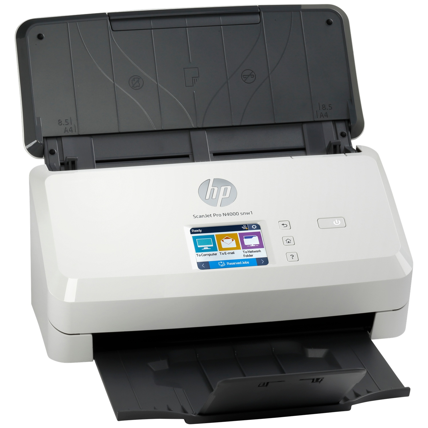 Een witte HP ScanJet Pro scanner met de klep open en een touchscreen.