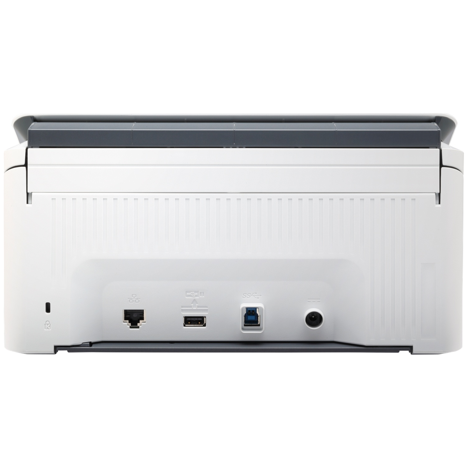 Achterkant witte printer met Ethernet-, USB-A-, USB-B- en stroompoorten.