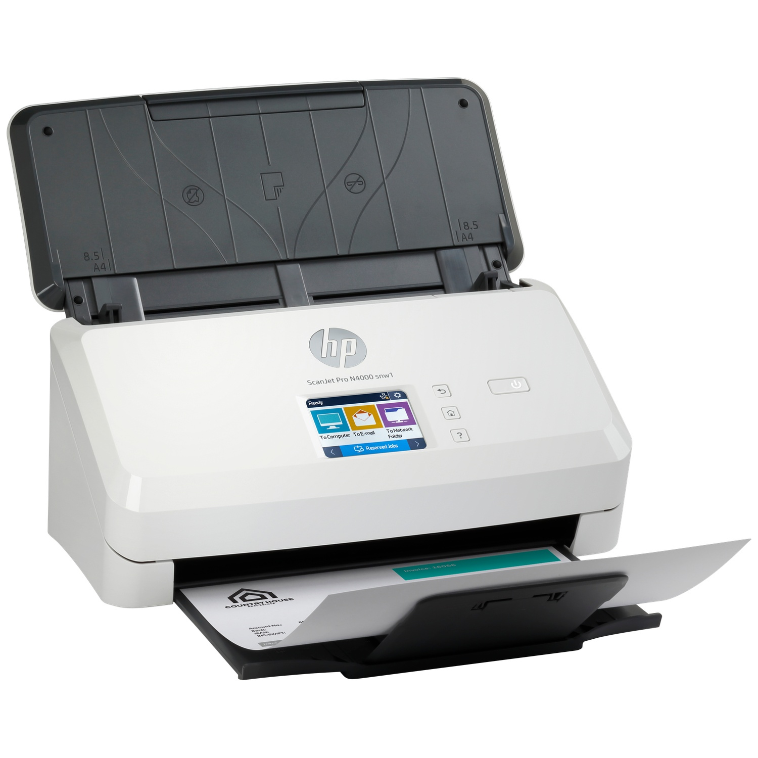 Een witte HP ScanJet Pro N4000 scanner met open deksel en papier in de lade.