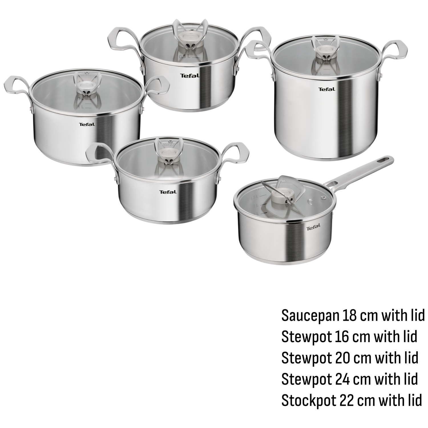 Vijf Tefal potten en pannen met glazen deksels in diverse maten.