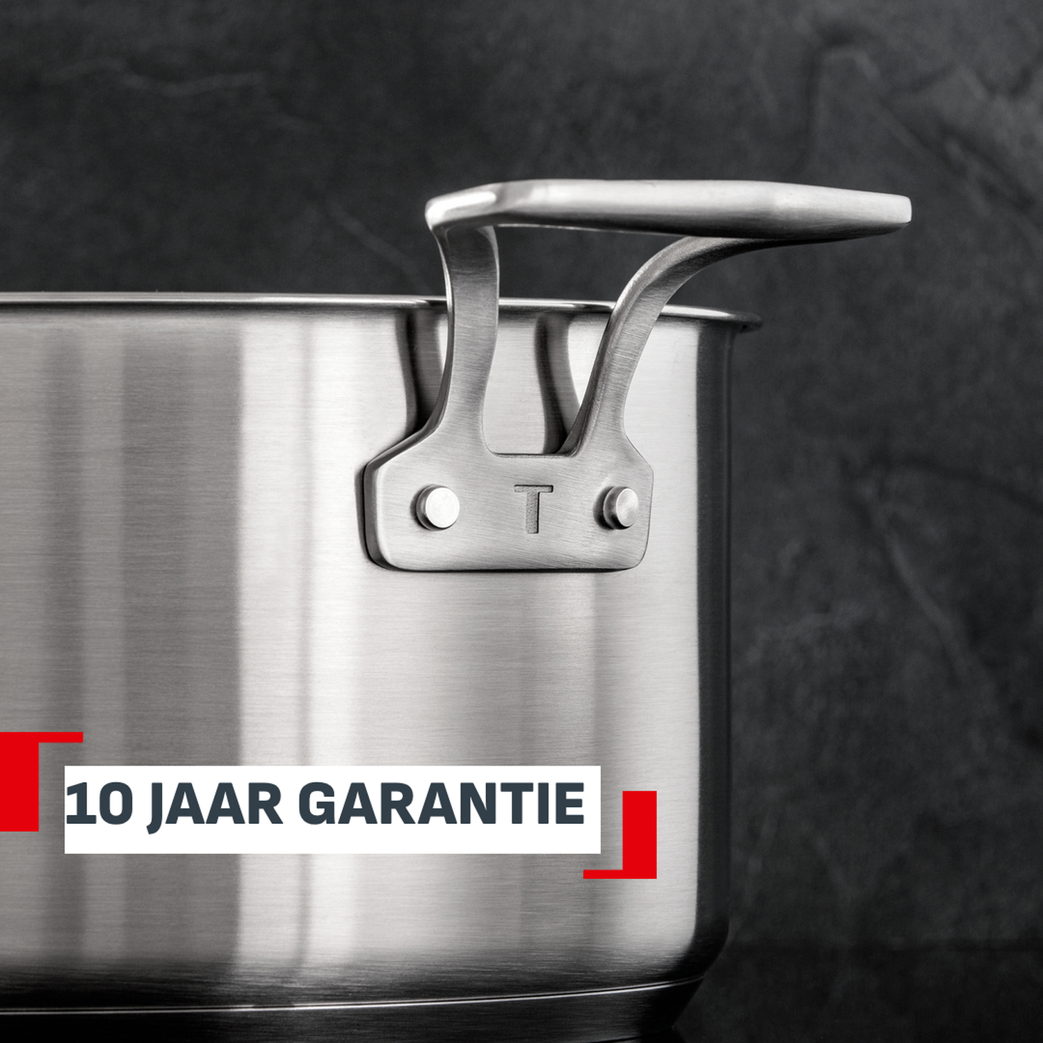 Rvs pan met handvat en tekst '10 jaar garantie'.